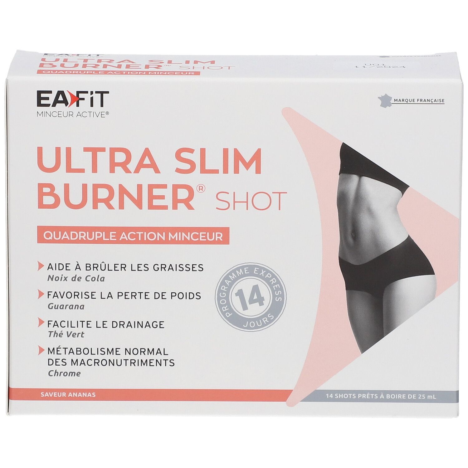 Verpackung EA-FIT Ultra Slim Burner Shot. Enthält 14 Shots. Abbildung einer Frau.