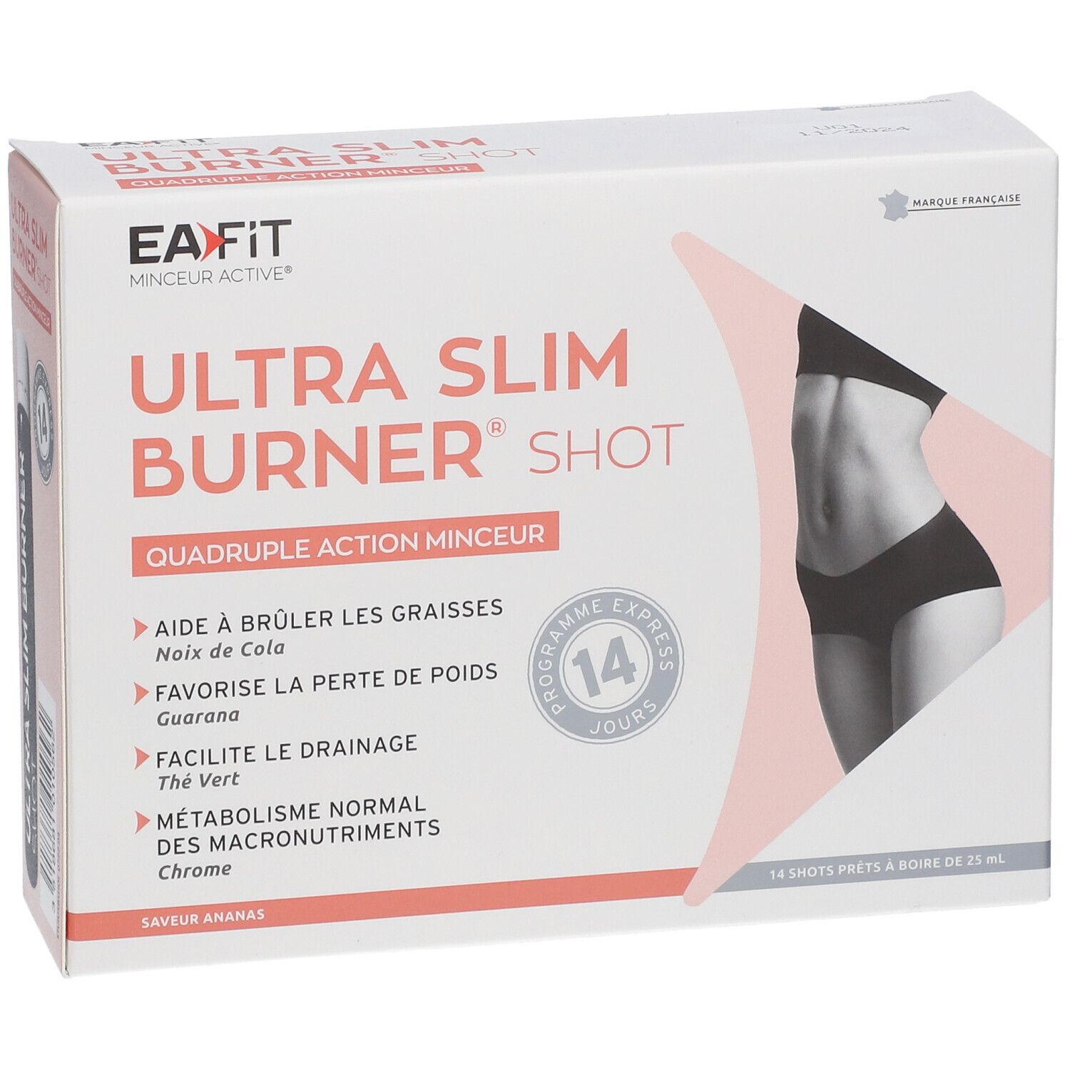 Verpackung EA-FIT Ultra Slim Burner Shot. Enthält 14 Shots. Abbildung einer Frau.