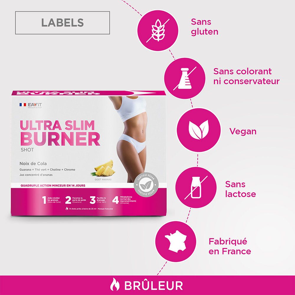 EA-FIT Ultra Slim Burner Shot. Kennzeichnungen: Glutenfrei, ohne Farb- und Konservierungsstoffe, vegan, laktosefrei.