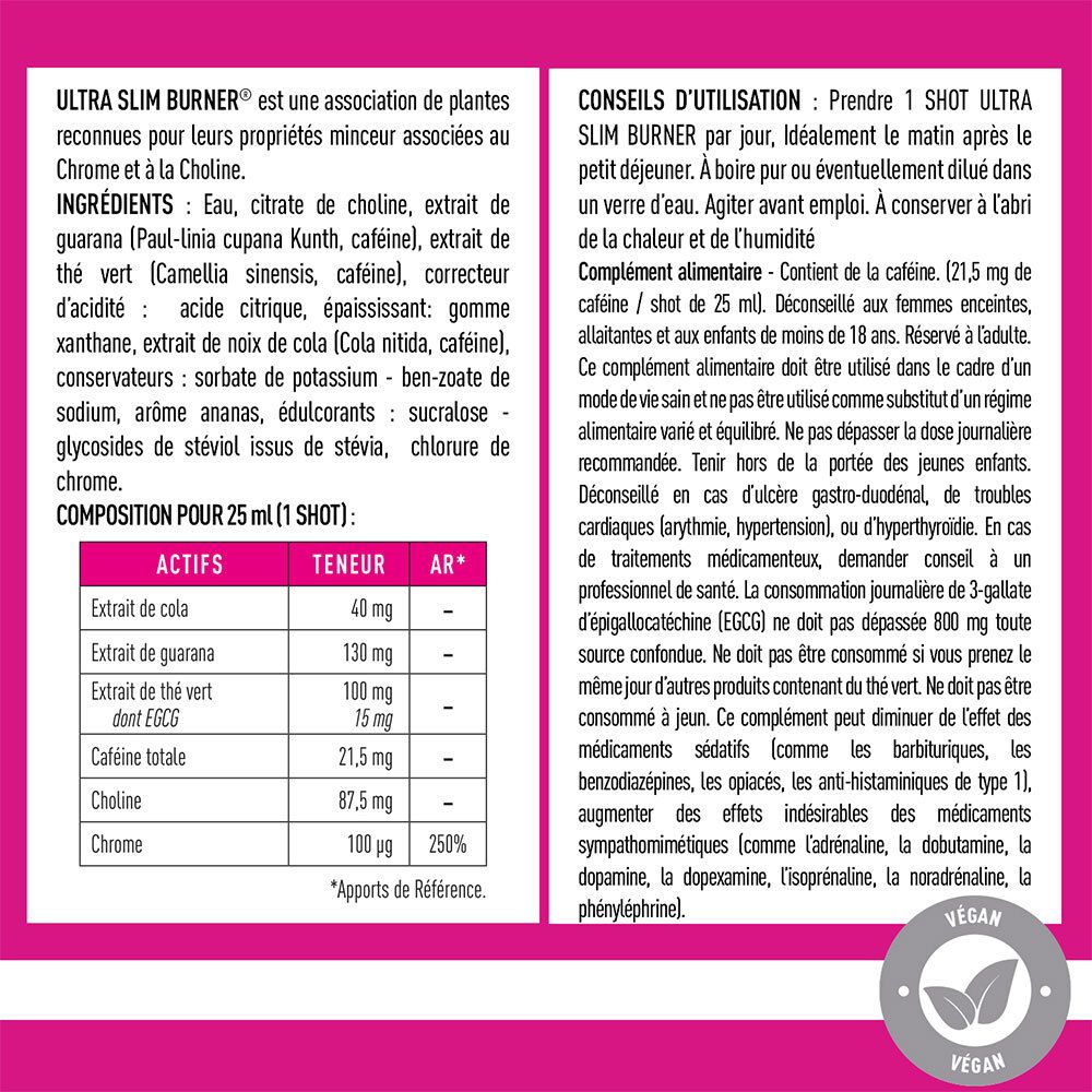 Zutatenliste und Anwendungshinweise für EA-FIT Ultra Slim Burner Shot. Vegan-Zertifizierung.