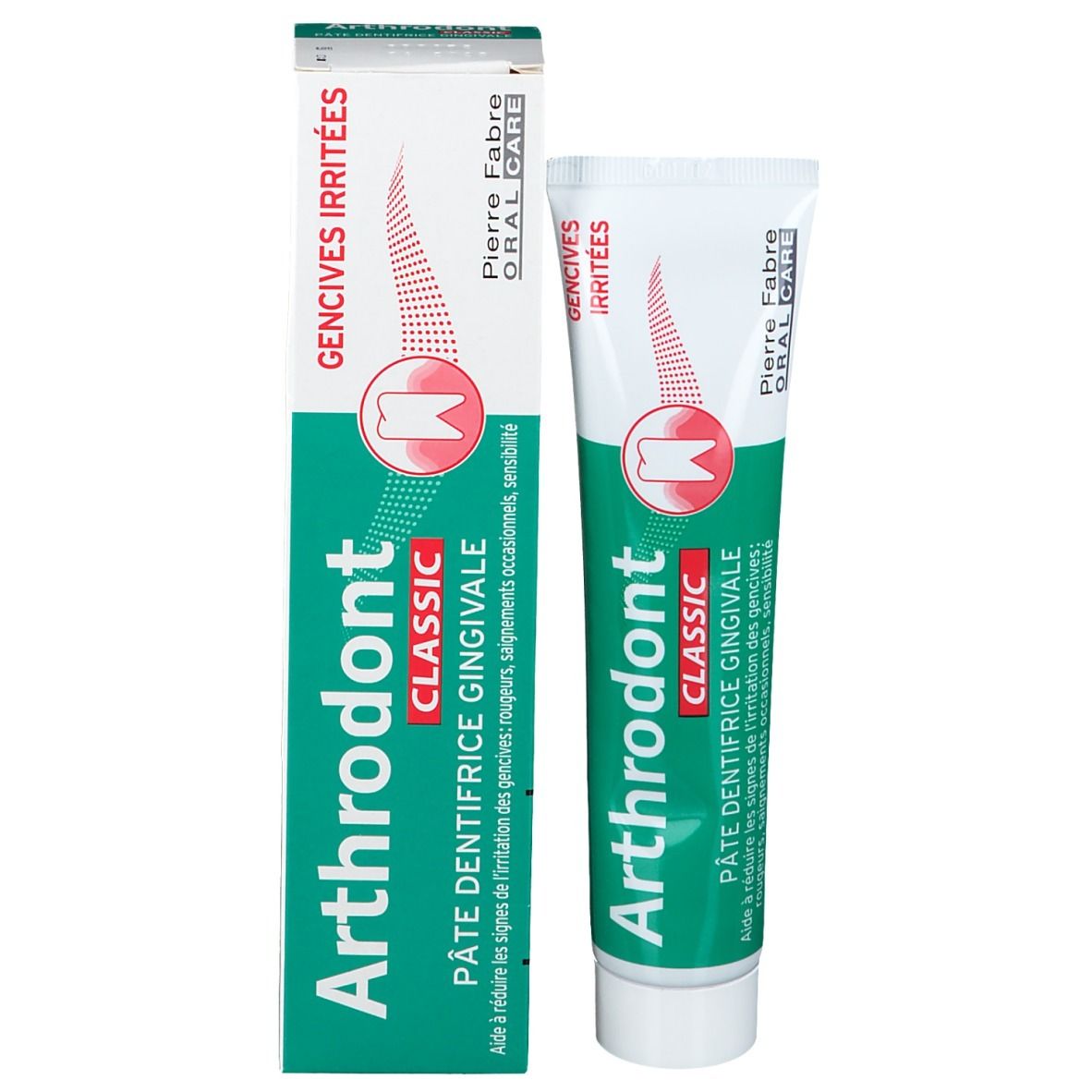 Tube et boîte de dentifrice. Nom du produit: Arthrodont Classic. Inscriptions en français. Pour gencives irritées.