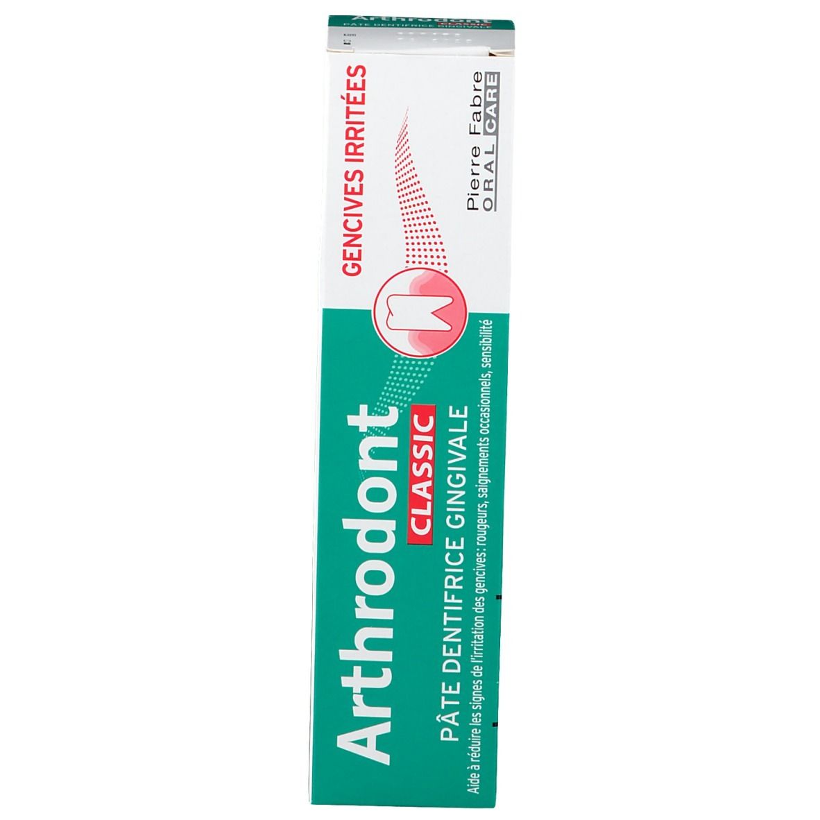 Boîte de dentifrice. Nom du produit: Arthrodont Classic. Inscriptions en français. Pour gencives irritées.