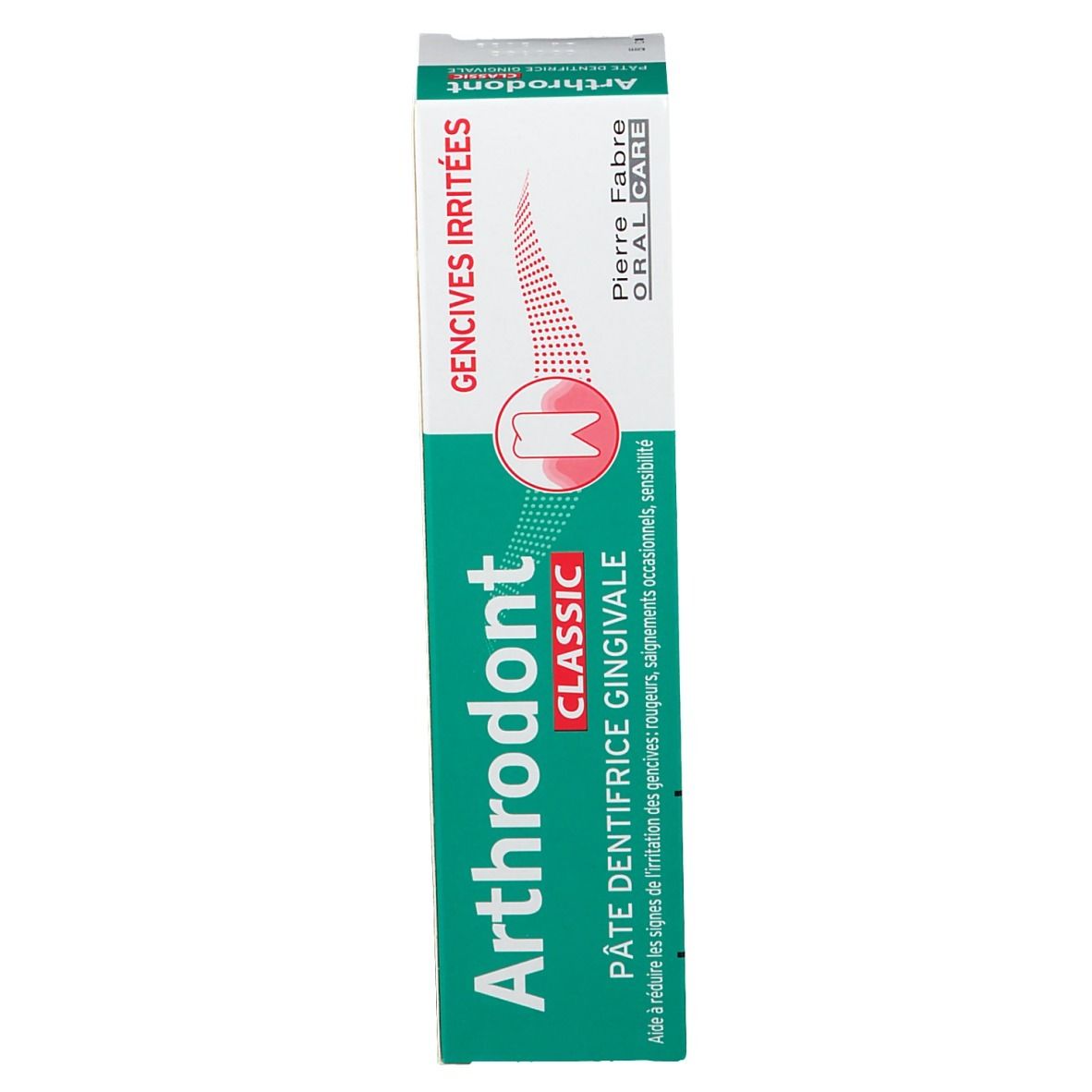 Tube de dentifrice. Nom du produit: Arthrodont Classic. Inscriptions en français. Pour gencives irritées.
