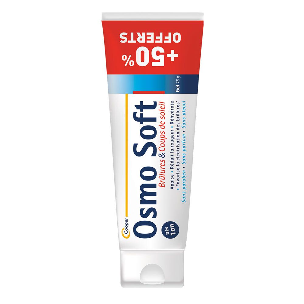 Tube de gel Osmo Soft. Inscription: Brûlures & Coups de soleil. Offre +50%. Contient 75g de gel.