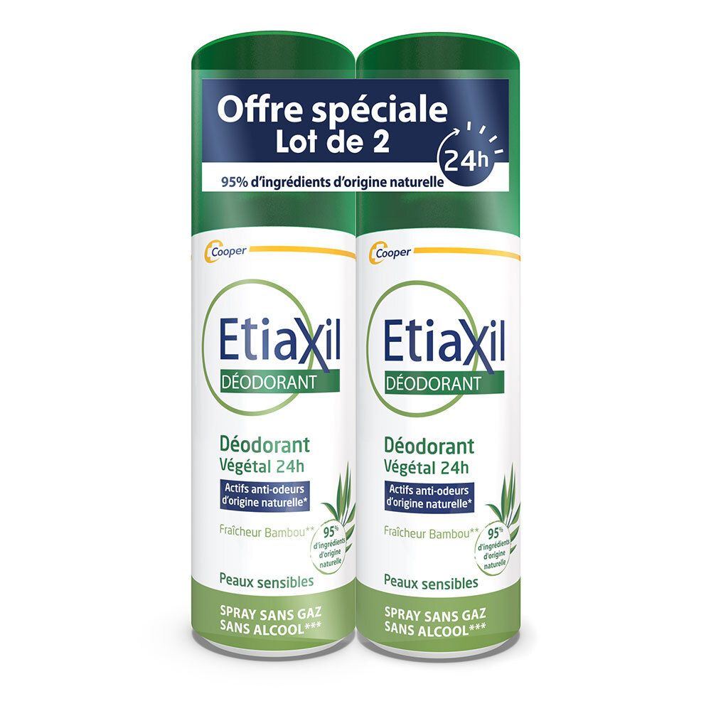 Deux sprays déodorants Etiaxil. Flacons vert et blanc. Inscription Déodorant Végétal 24h. Lot de 2.