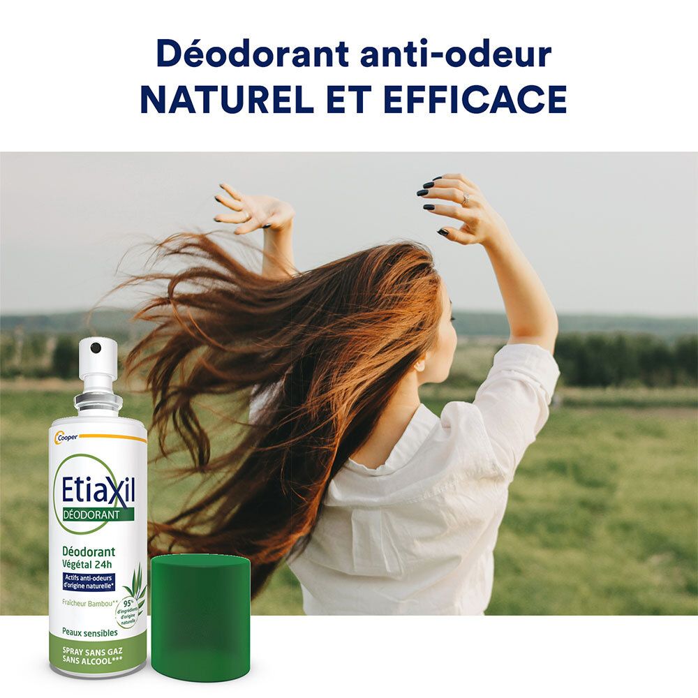 Femme avec spray déodorant. Flacon et bouchon vert à côté. Texte: Déodorant anti-odeur naturel et efficace.