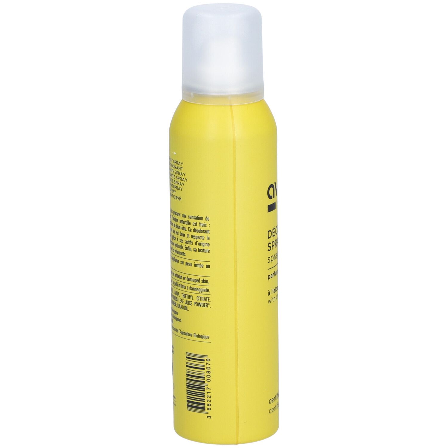 Flacon spray déodorant jaune avec bouchon blanc. Sur le côté: texte et code-barres. Certifié bio.