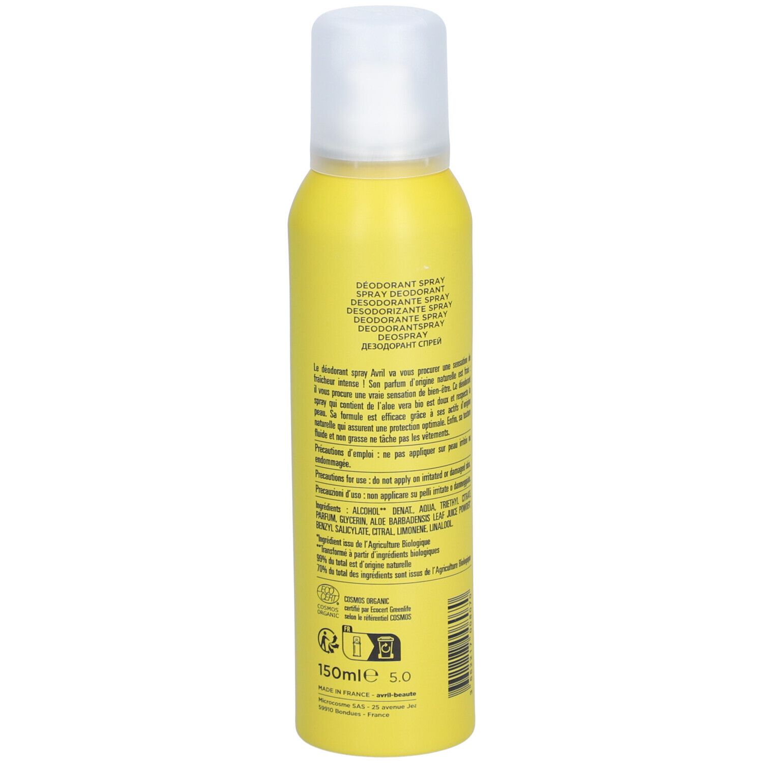 Dos du flacon spray déodorant jaune avec bouchon blanc. Texte, ingrédients, certifications et code-barres.