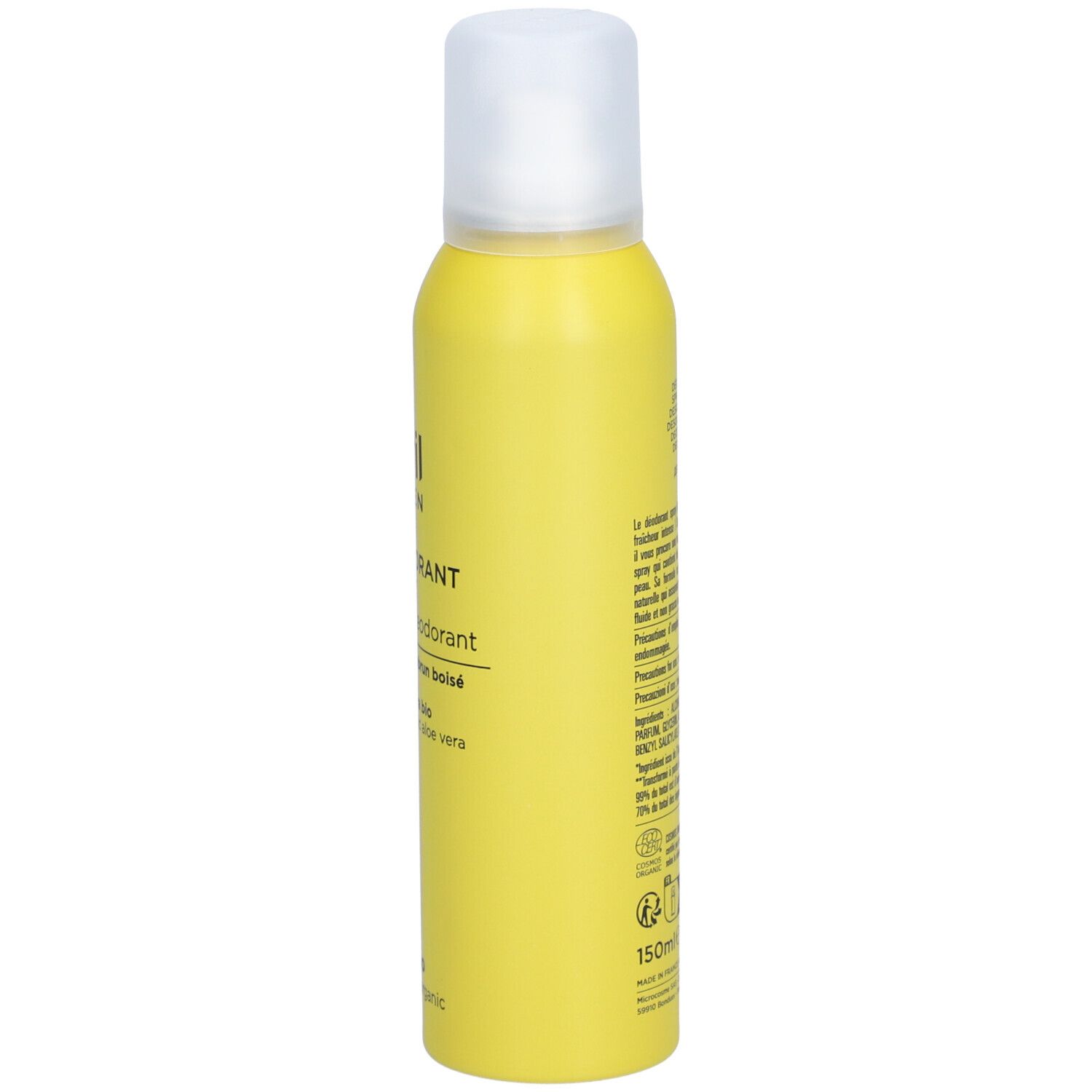 Flacon spray déodorant jaune avec bouchon blanc. Sur le côté: texte et code-barres. Certifié bio.