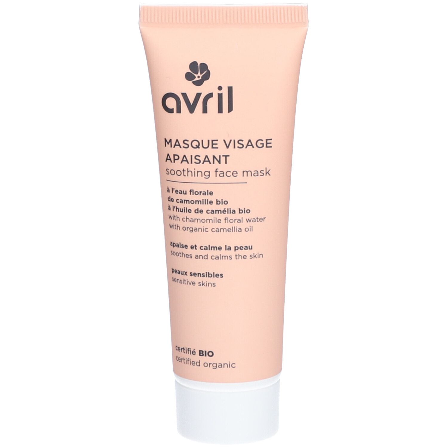 Tube rose avec bouchon blanc. Inscription: avril, Masque Visage Apaisant, soothing face mask. Certifié BIO.