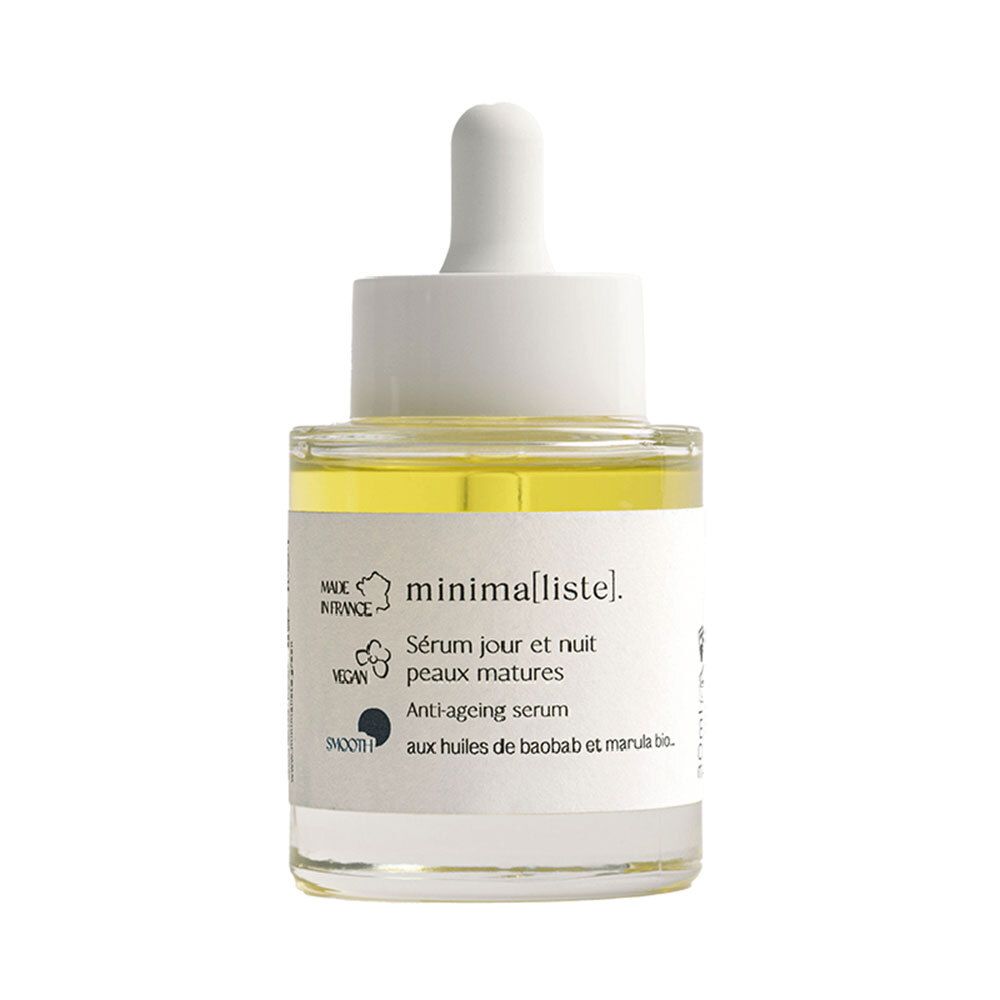 Flacon de sérum avec pipette. Inscription : minima[liste]. Sérum jour et nuit peaux matures. Vegan.