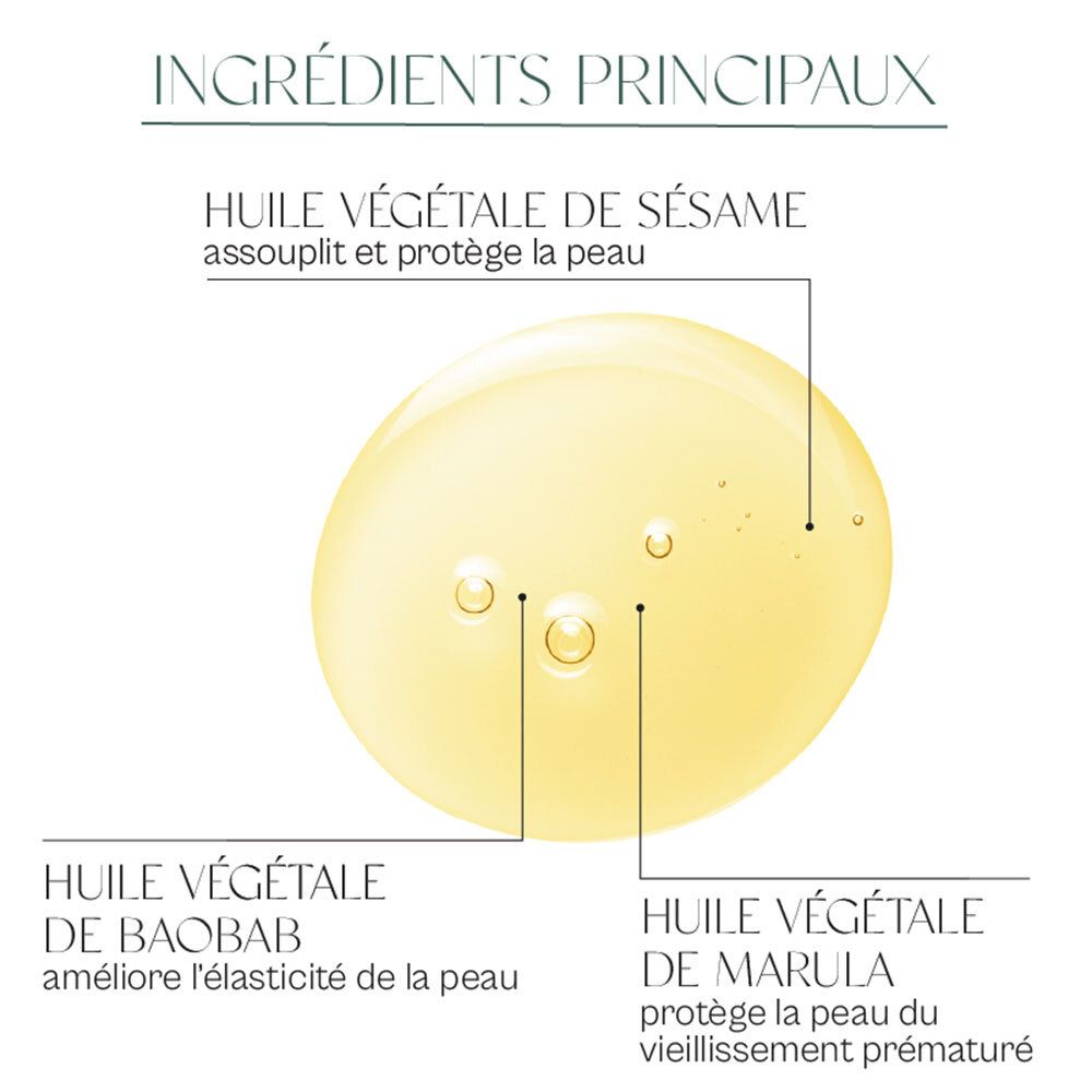 Gros plan sur de l'huile avec inscriptions : Huile végétale de sésame, Huile végétale de baobab, Huile végétale de marula.