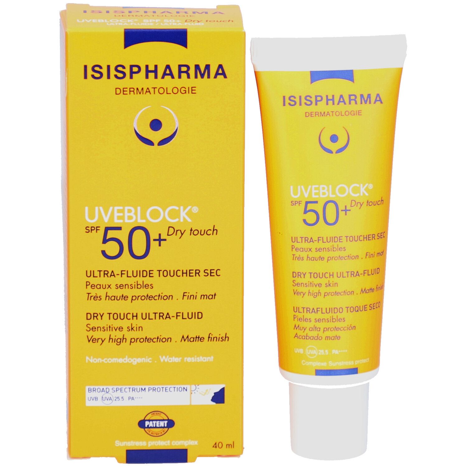 Boîte et tube ISISPHARMA Uveblock SPF 50+ Dry Touch. Jaune. Texte multilingue. 40 ml.