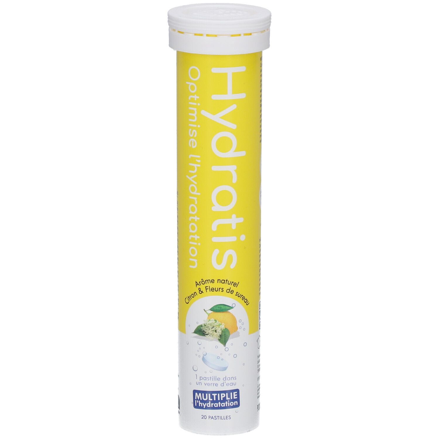 Gelbe Tube mit weißen Deckel. Aufschrift: Hydratis, Optimise l'hydratation, Zitrone & Holunderblüte. 30 Pastillen.