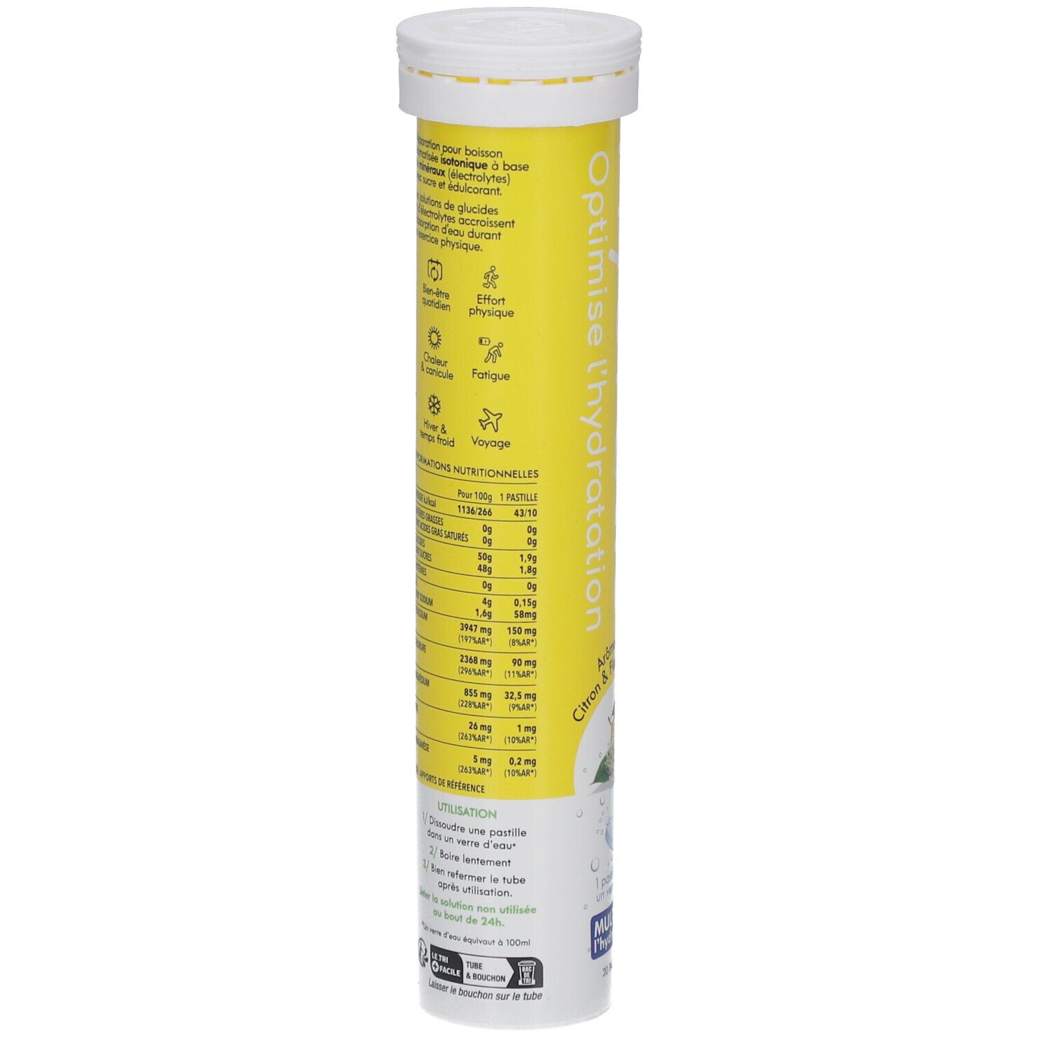 Gelbe Tube mit weißen Deckel. Aufschrift: Hydratis, Optimise l'hydratation. Rückseite mit Nährwertangaben und Gebrauchsanweisung.
