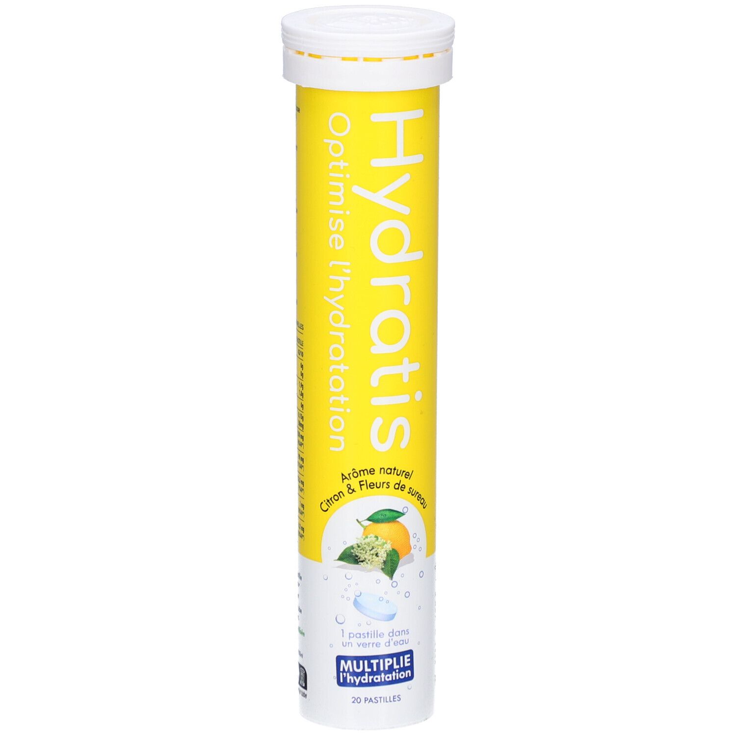 Gelbe Tube mit weißen Deckel. Aufschrift: Hydratis, Optimise l'hydratation, Zitrone & Holunderblüte. 30 Pastillen.