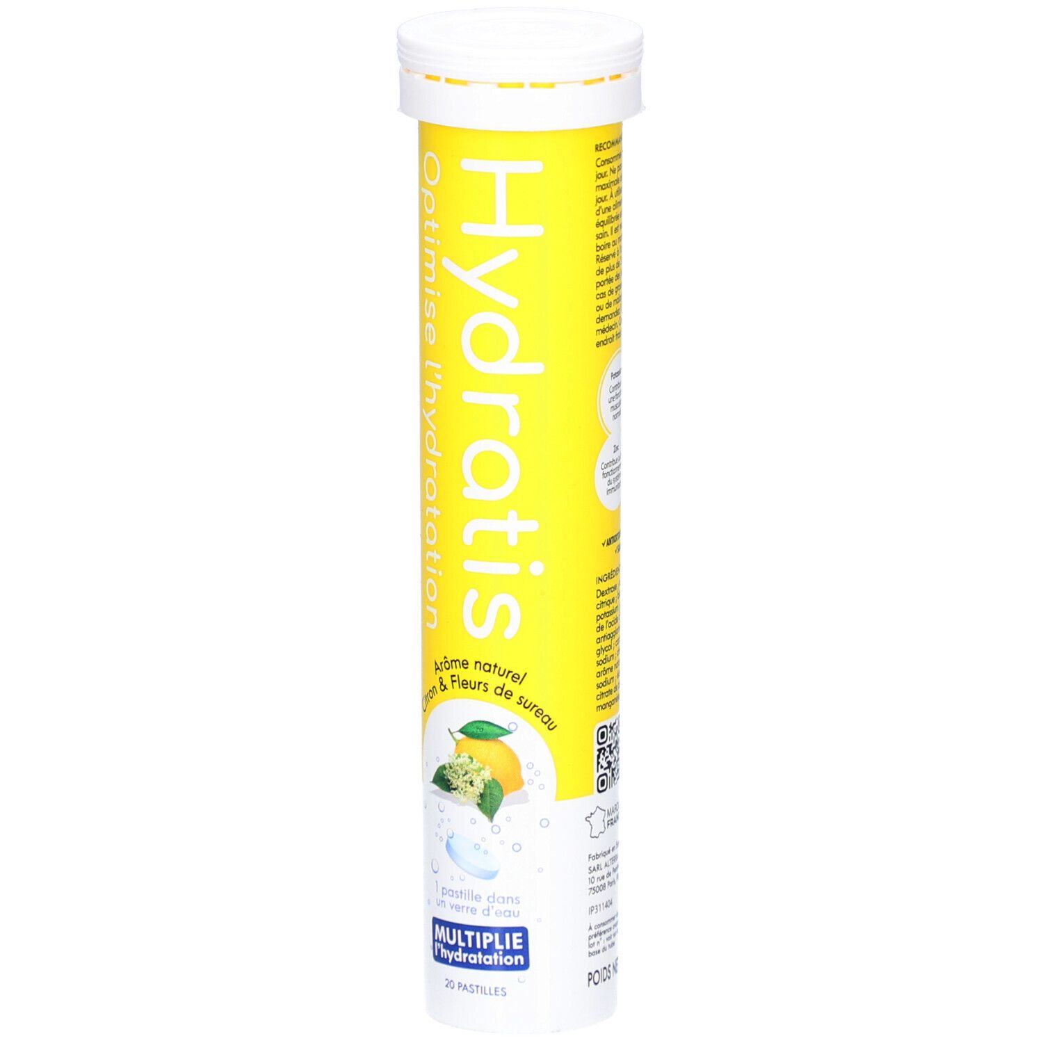 Gelbe Tube mit weißen Deckel. Aufschrift: Hydratis, Optimise l'hydratation, Zitrone & Holunderblüte. 30 Pastillen.