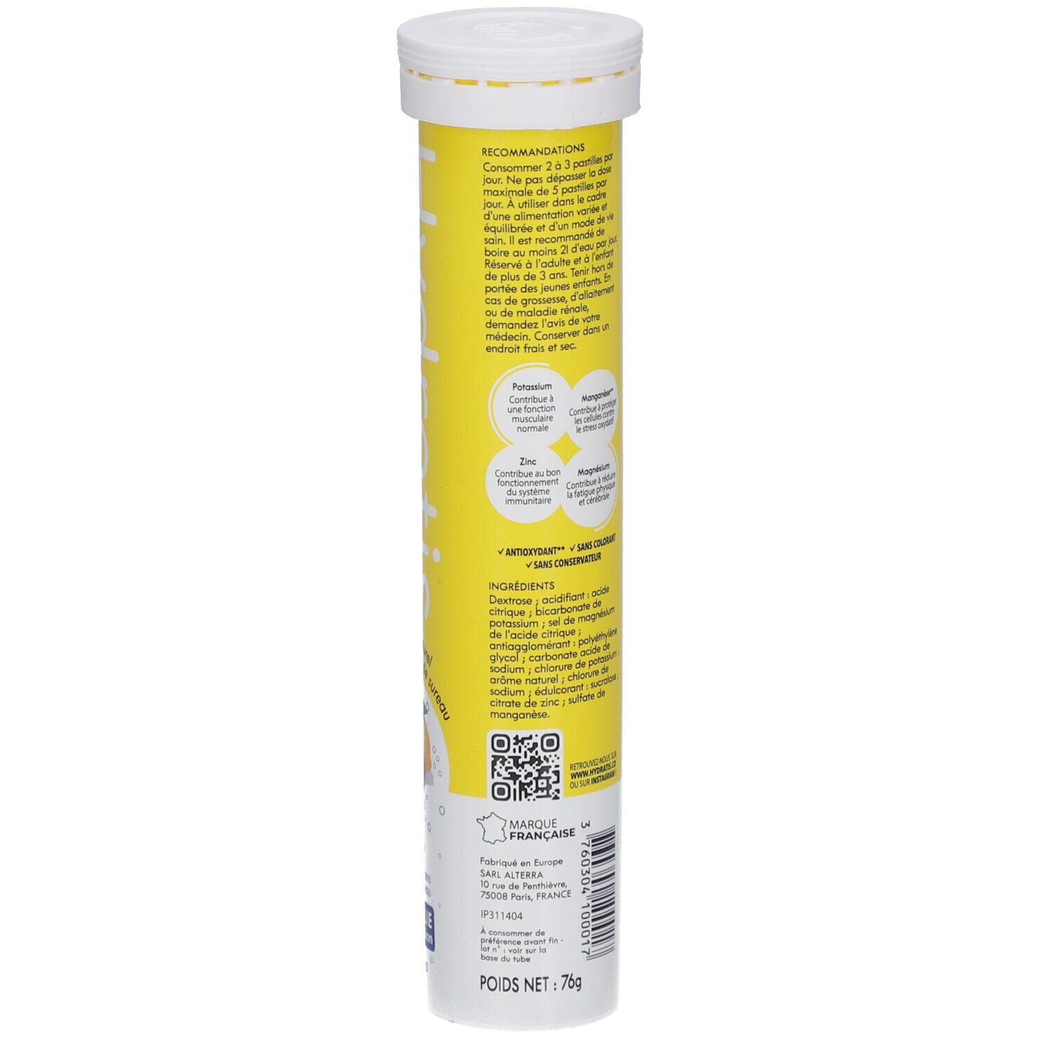 Gelbe Tube mit weißen Deckel. Aufschrift: Hydratis, Optimise l'hydratation. Rückseite mit Inhaltsstoffen, Empfehlungen und QR-Code.