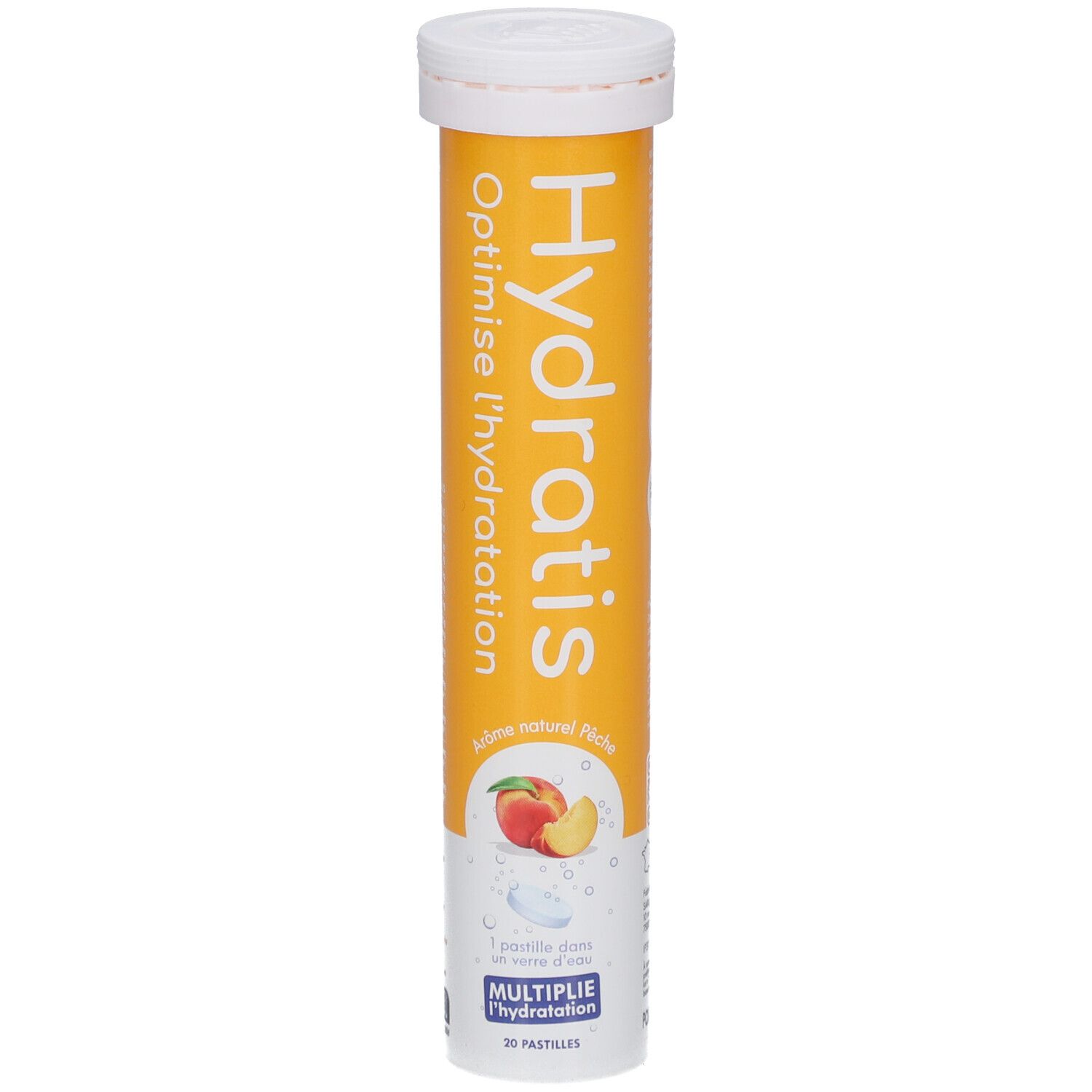 Zylinderförmige Verpackung mit HYDRATIS-Logo und Pfirsich-Abbildung. Enthält 20 Brausetabletten. Text: Optimise l'hydratation.