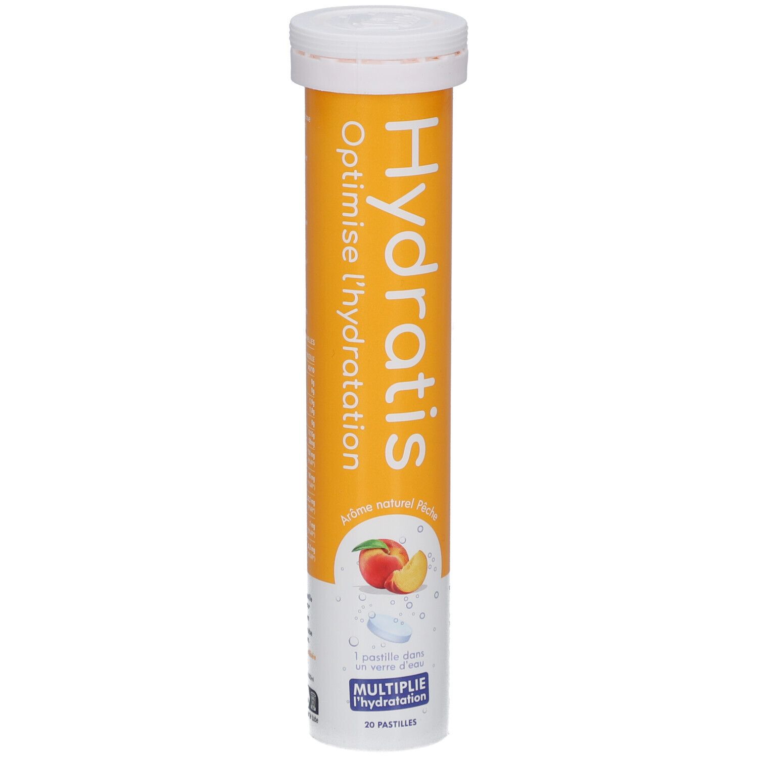 Zylinderförmige Verpackung mit HYDRATIS-Logo und Pfirsich-Abbildung. Enthält 20 Brausetabletten. Text: Optimise l'hydratation.