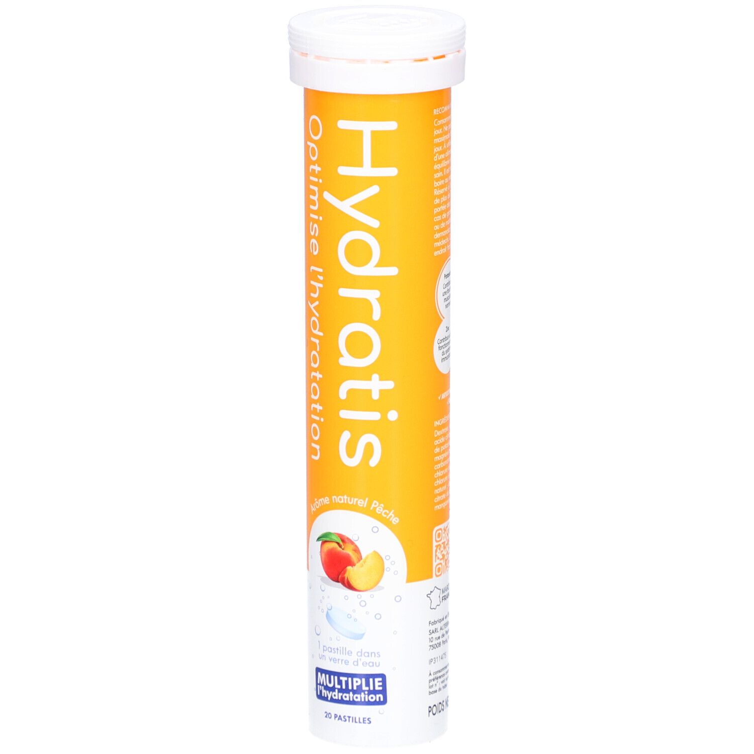 Zylinderförmige Verpackung mit HYDRATIS-Logo und Pfirsich-Abbildung. Enthält 20 Brausetabletten. Text: Optimise l'hydratation.