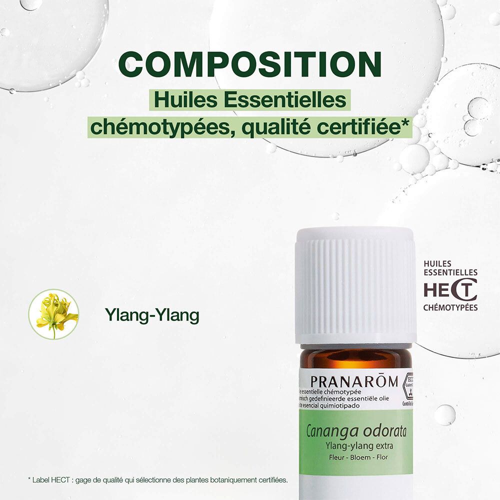 Flacon d'huile essentielle. Inscription : Pranarôm, Ylang-Ylang extra. Texte sur les huiles chémotypées.