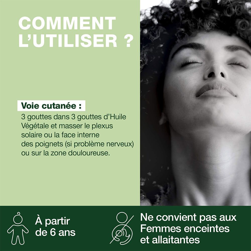 Femme aux yeux fermés. Texte : conseils d'utilisation de l'huile essentielle. Non pour femmes enceintes et enfants.
