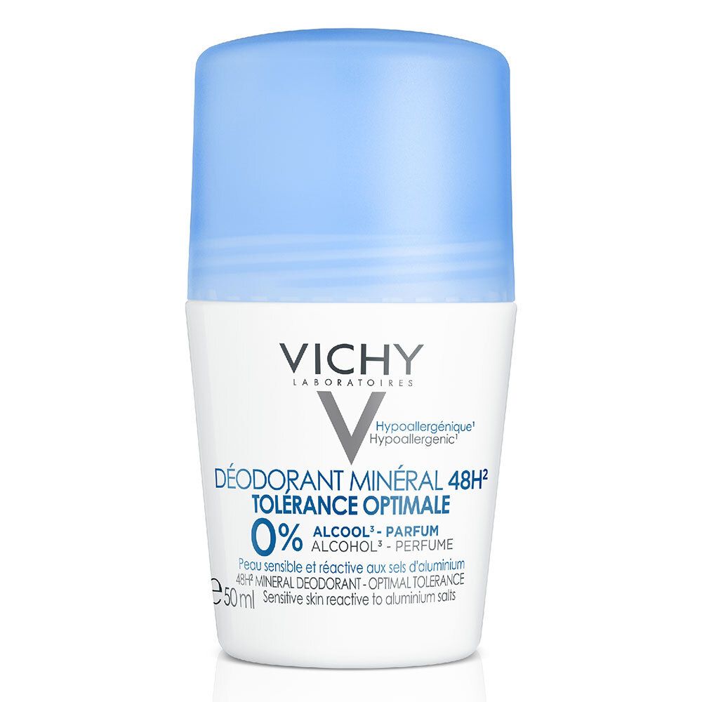 Déodorant roll-on Vichy. Flacon blanc, bouchon bleu. Inscription: DÉODORANT MINÉRAL 48H, 0% ALCOOL.