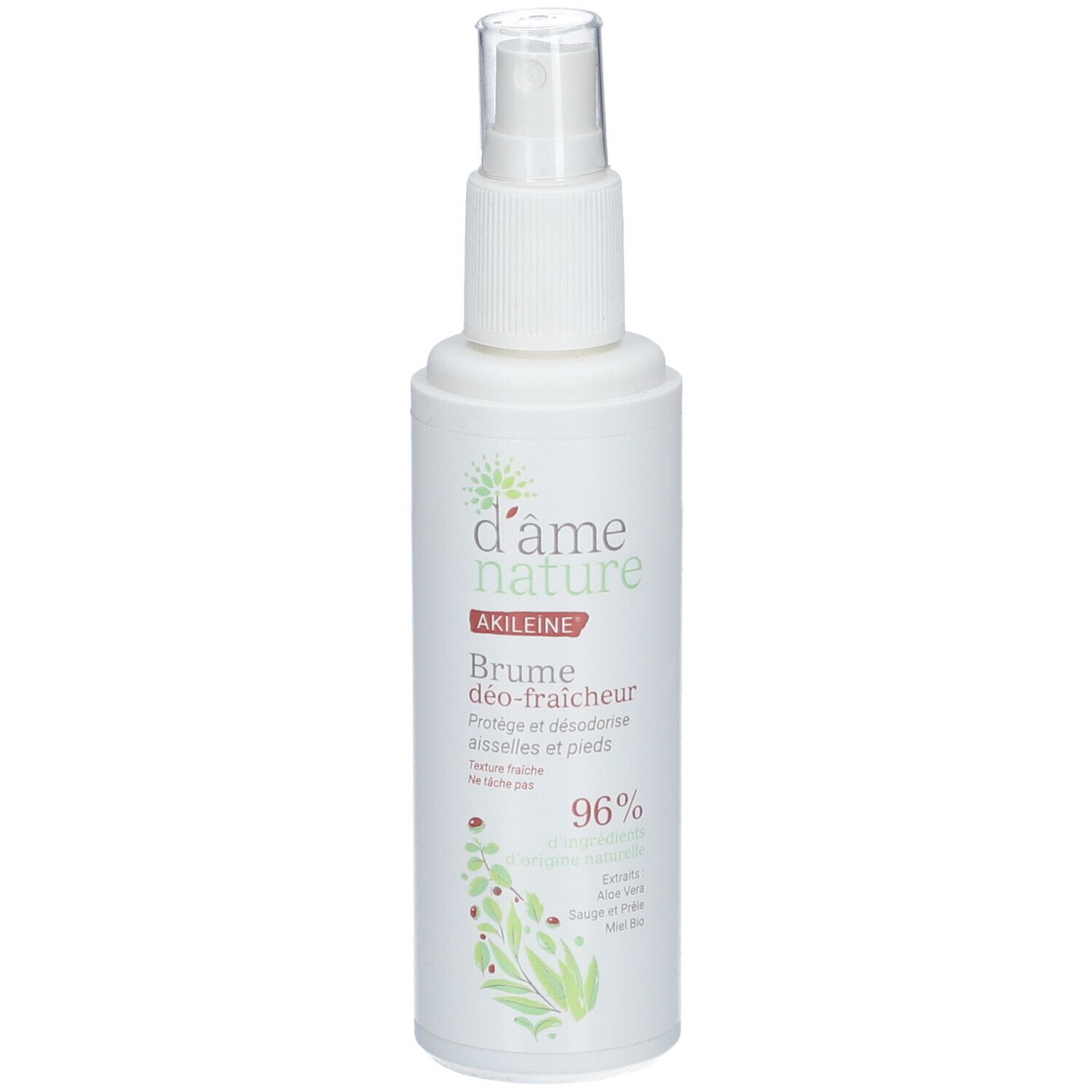 Weiße Sprühflasche mit Aufschrift d'âme nature, Akileïne, Brume déo-fraîcheur. 96%.