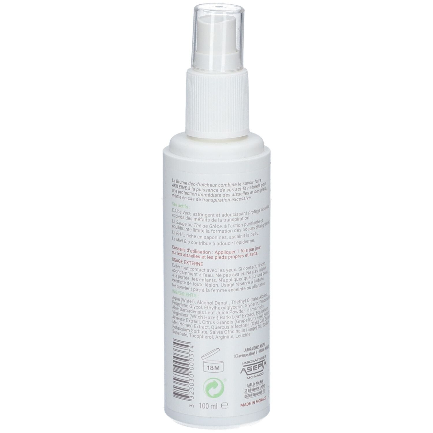 Weiße Sprühflasche, Rückseite mit Text. 100 ml. Logo ASEPTA.