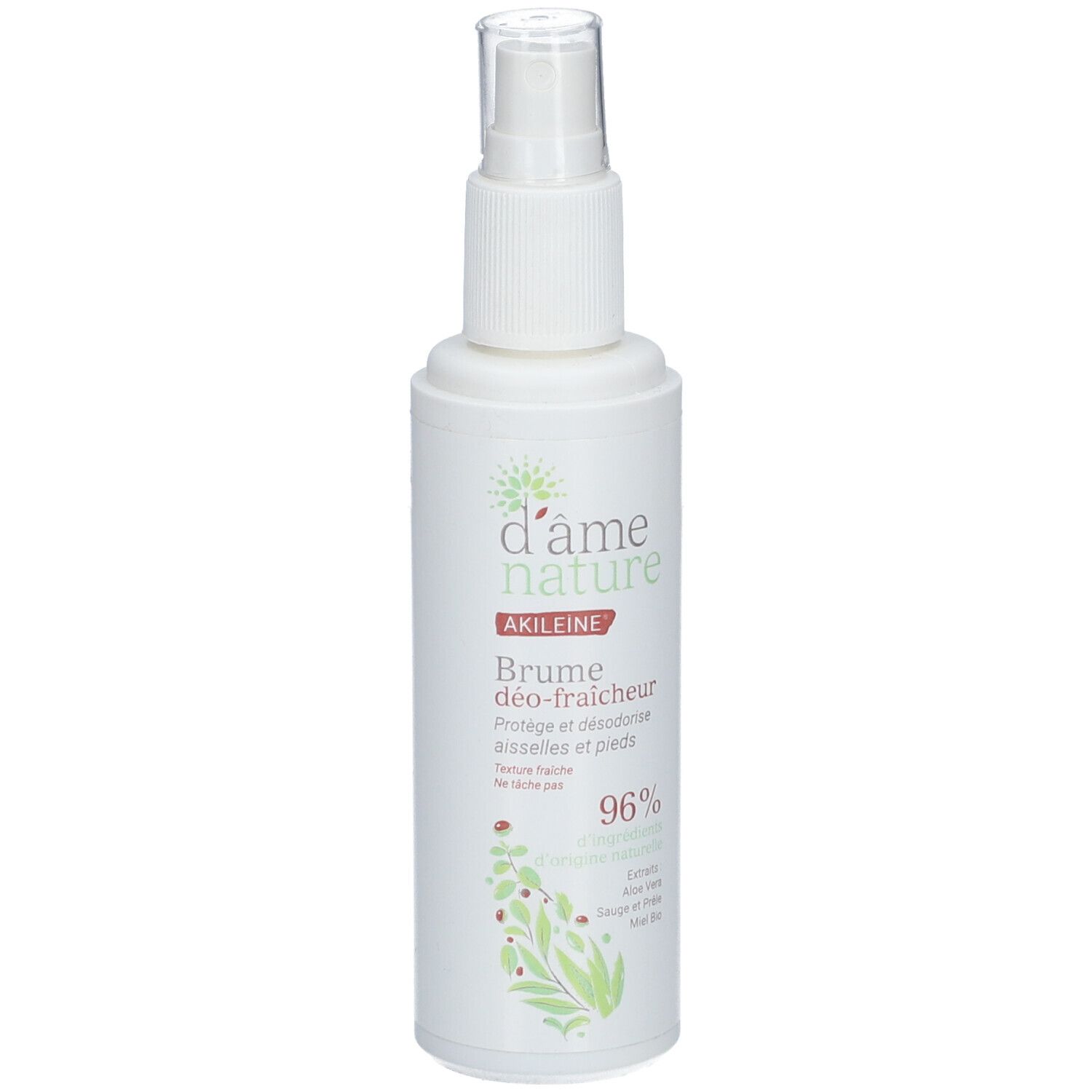 Weiße Sprühflasche mit Aufschrift d'âme nature, Akileïne, Brume déo-fraîcheur. 96%.