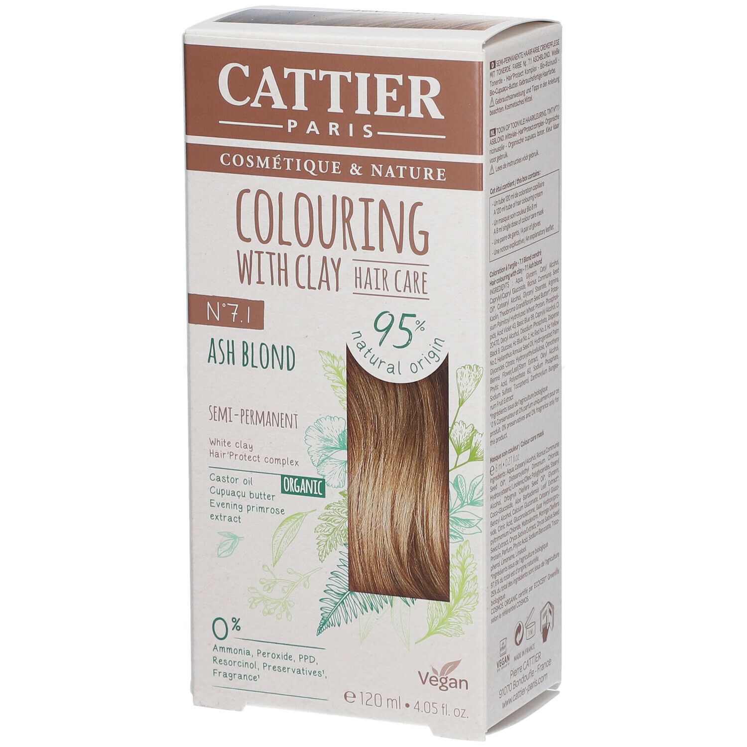 Verpackung von CATTIER Haarfarbe 7.1 Aschblond. Aufdrucke: 'Colouring with clay hair care', '95% natural origin', 'Vegan'.