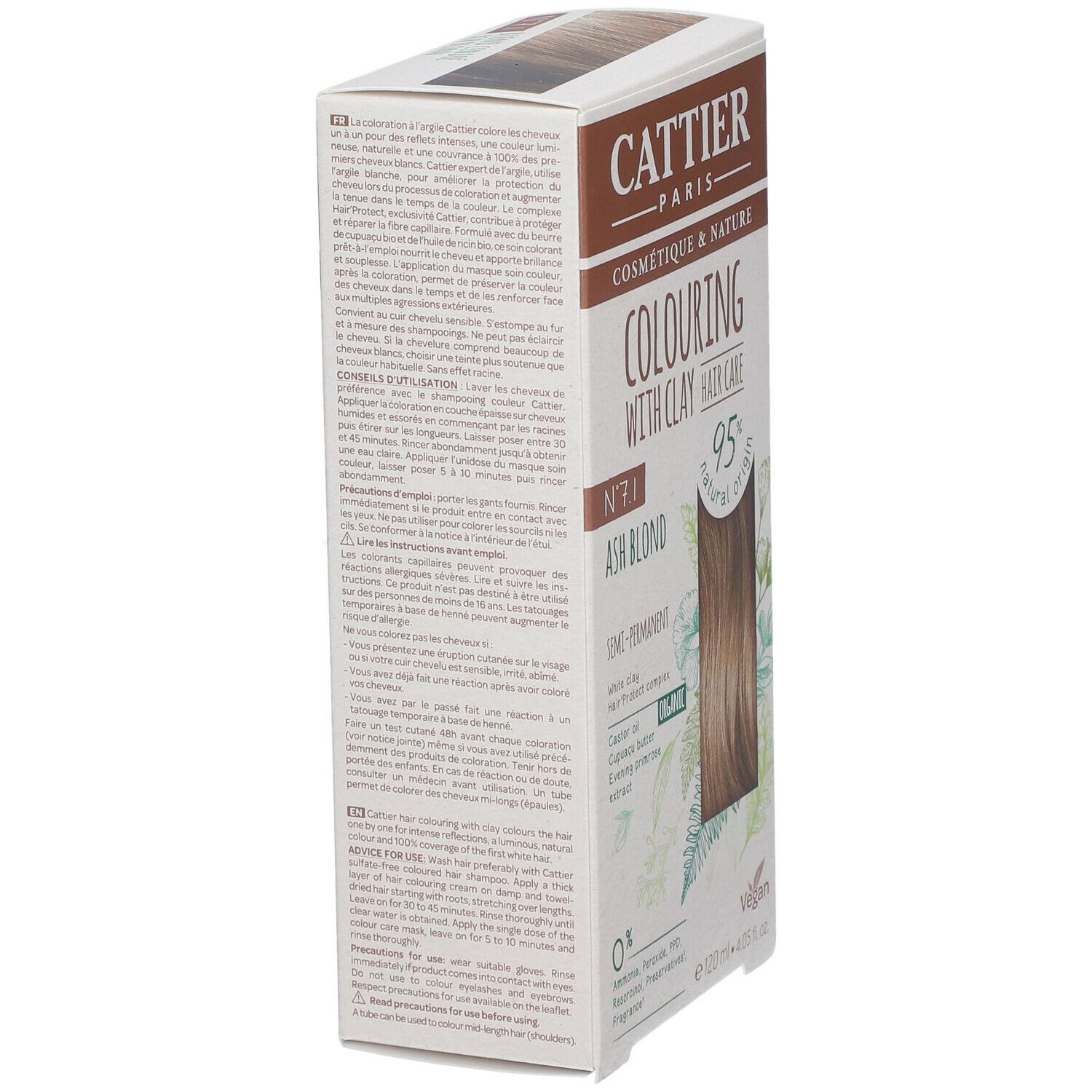 Seitenansicht der CATTIER Haarfarbenverpackung 7.1 Aschblond. Text: 'Colouring with clay hair care', '95% natural origin', 'Vegan'.