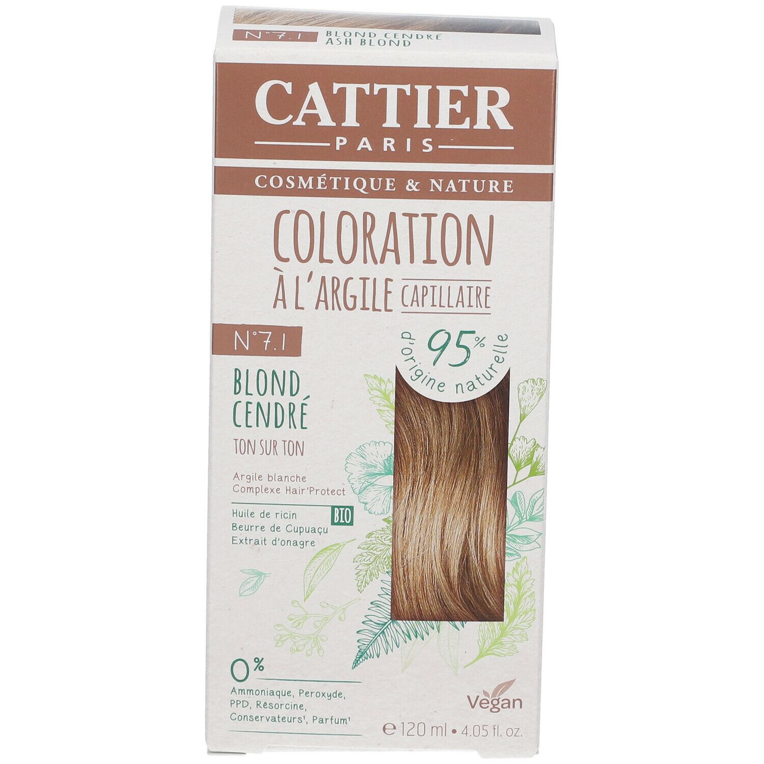 Verpackung von CATTIER Haarfarbe 7.1 Aschblond. Aufdrucke: 'Coloration à l'argile capillaire', '95% d'origine naturelle', 'Vegan'.