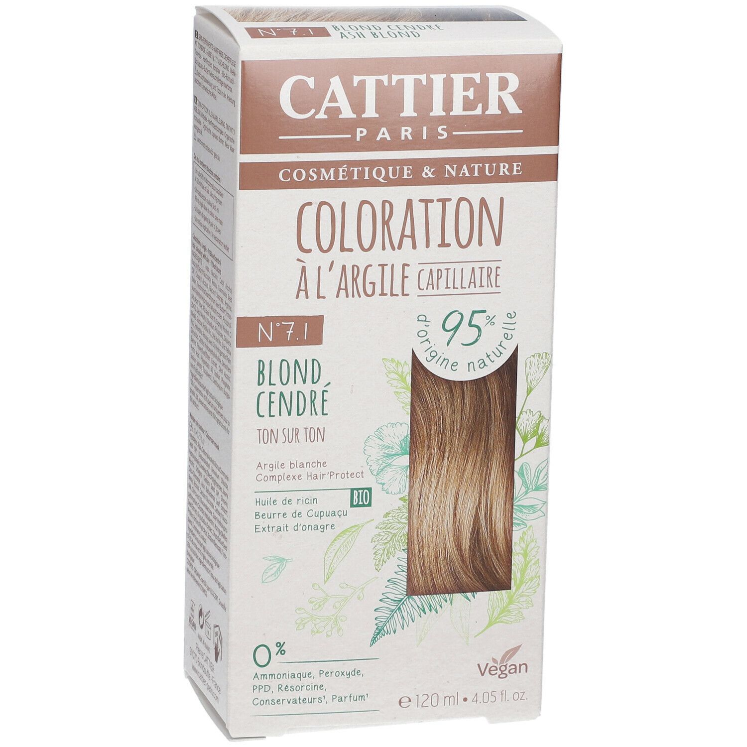 Verpackung von CATTIER Haarfarbe 7.1 Aschblond. Aufdrucke: 'Coloration à l'argile capillaire', '95% d'origine naturelle', 'Vegan'.