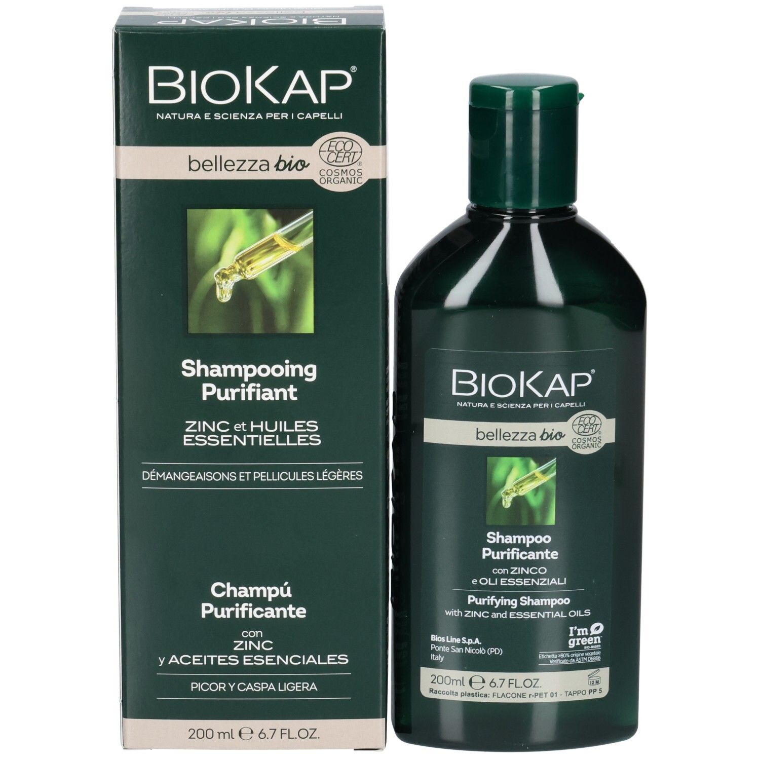 Emballage du produit avec flacon et carton. Inscription BIOKAP, Shampooing Purifiant, avec zinc et huiles essentielles. Certification.