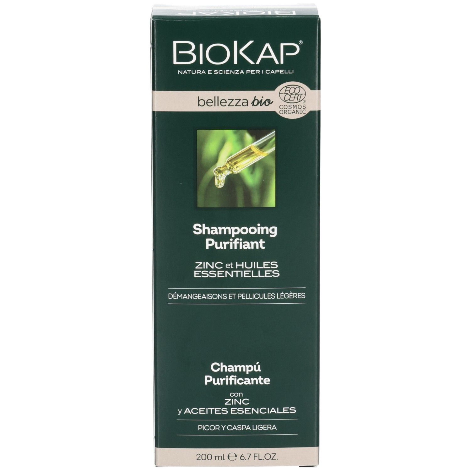Emballage du produit. Inscription BIOKAP, Shampooing Purifiant, avec zinc et huiles essentielles. Certification.