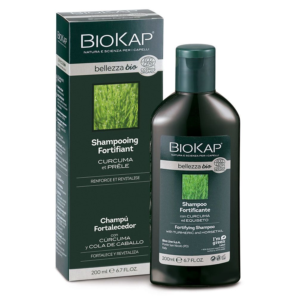 BIOKAP Shampooing Purifiant und Verpackung. Flasche und Karton mit Produktinformationen. Grün und weiß. Text: Shampooing Fortifiant.