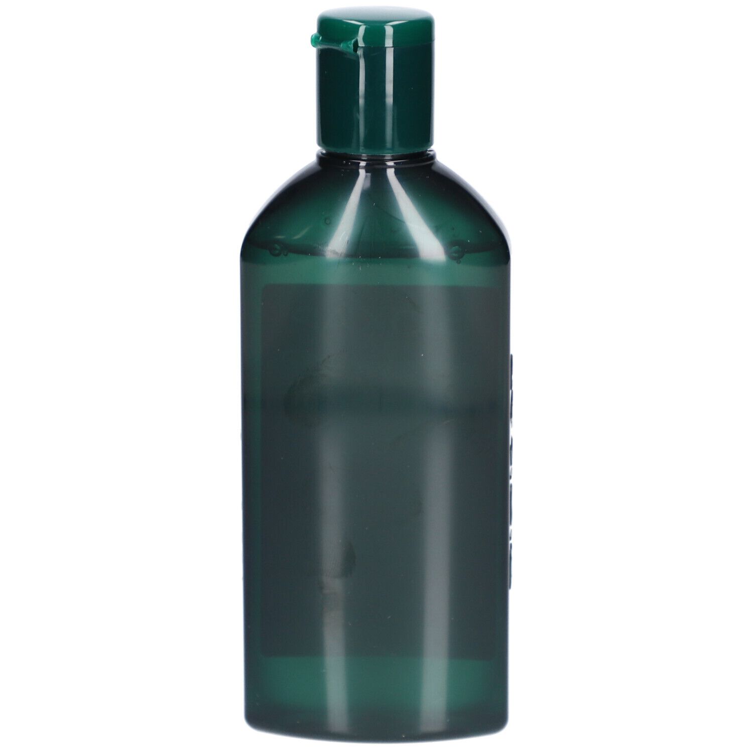 Grüne Shampoo-Flasche mit grünem Deckel. Keine Produktinformationen sichtbar. Transparente Flüssigkeit im Inneren der Flasche.