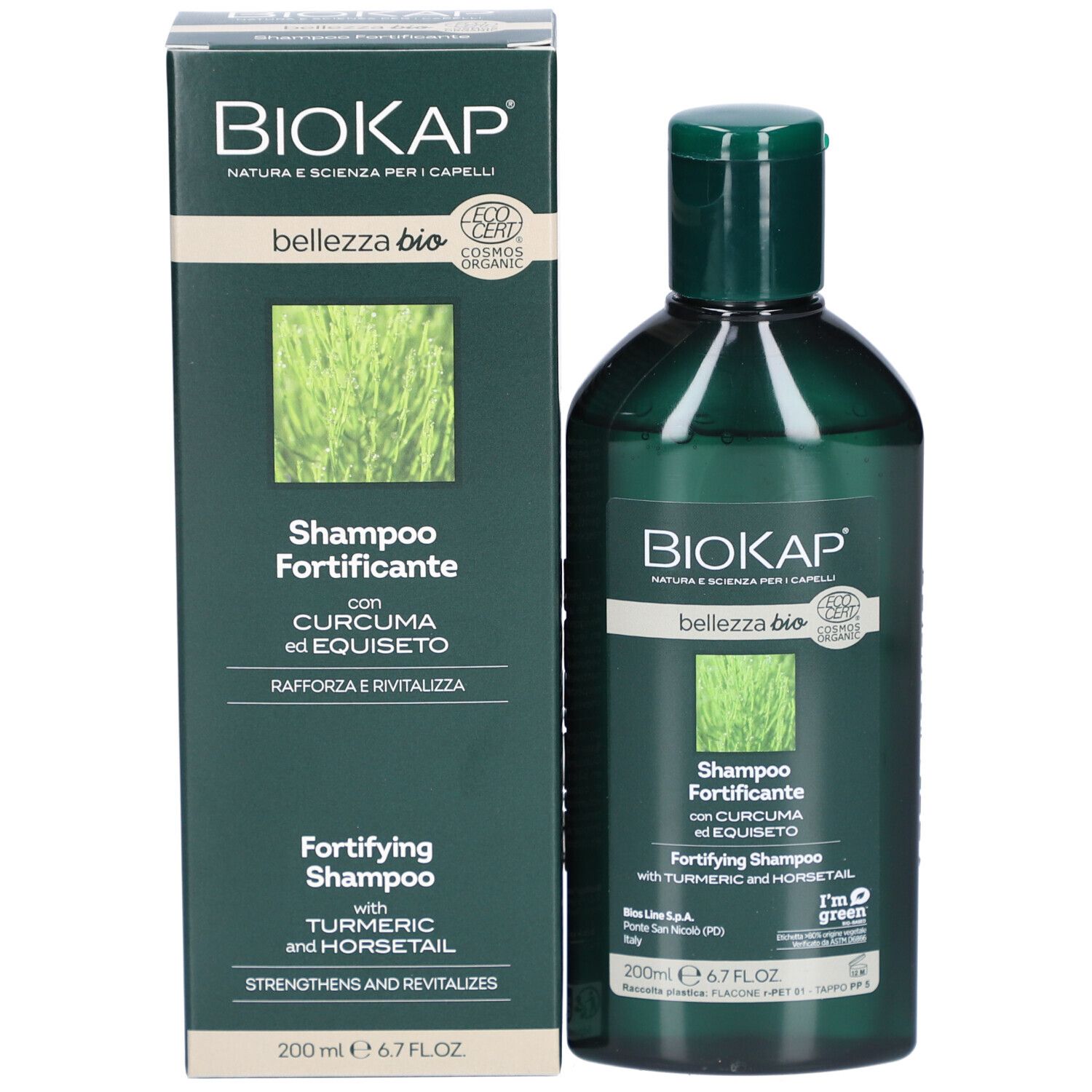 BIOKAP Shampooing Purifiant und Verpackung. Flasche und Karton mit Produktinformationen. Grün und weiß. Text: Shampoo Fortificante.