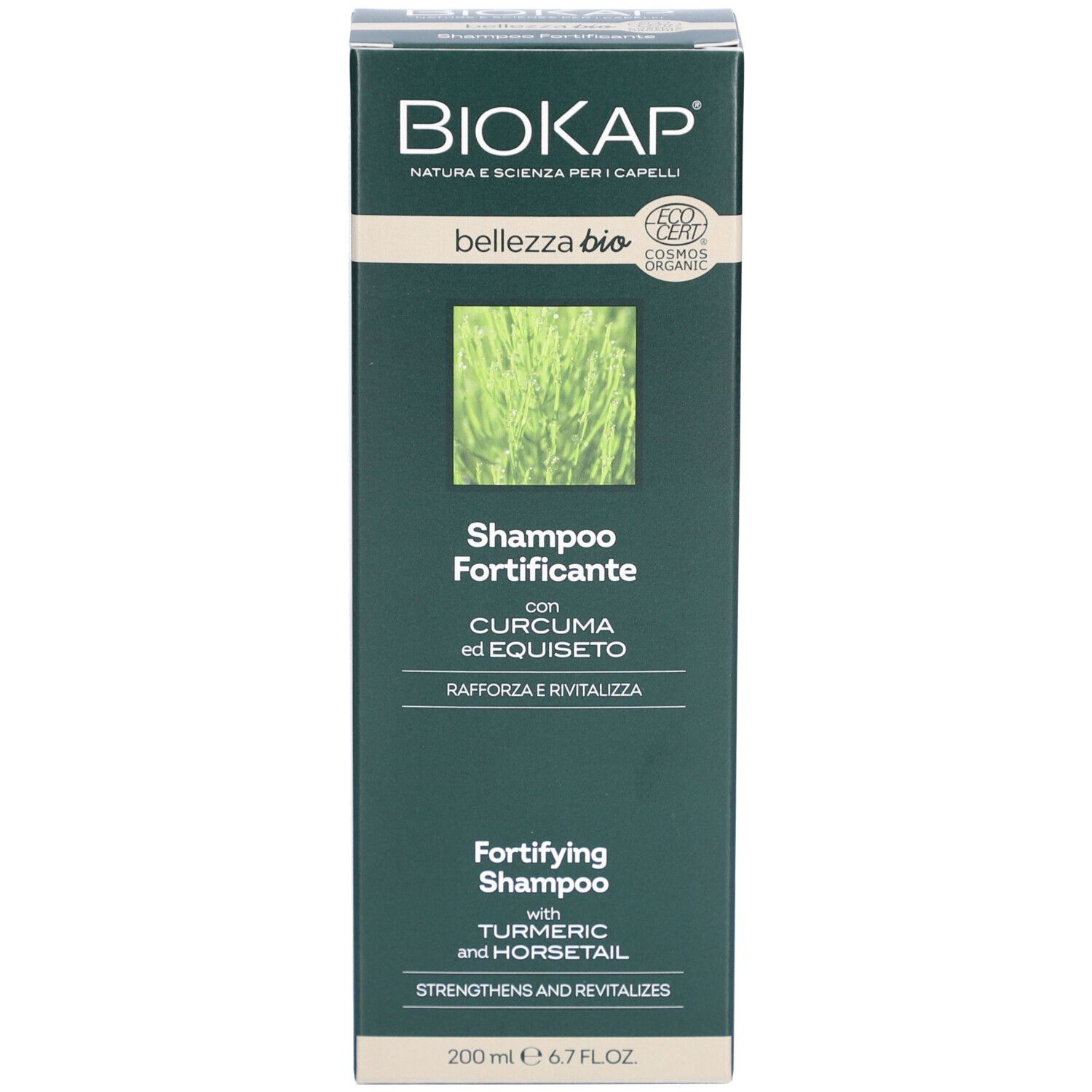 BIOKAP Shampooing Purifiant Verpackung. Grüner Karton mit Produktinformationen. Text: Shampoo Fortificante. Weißer Hintergrund.