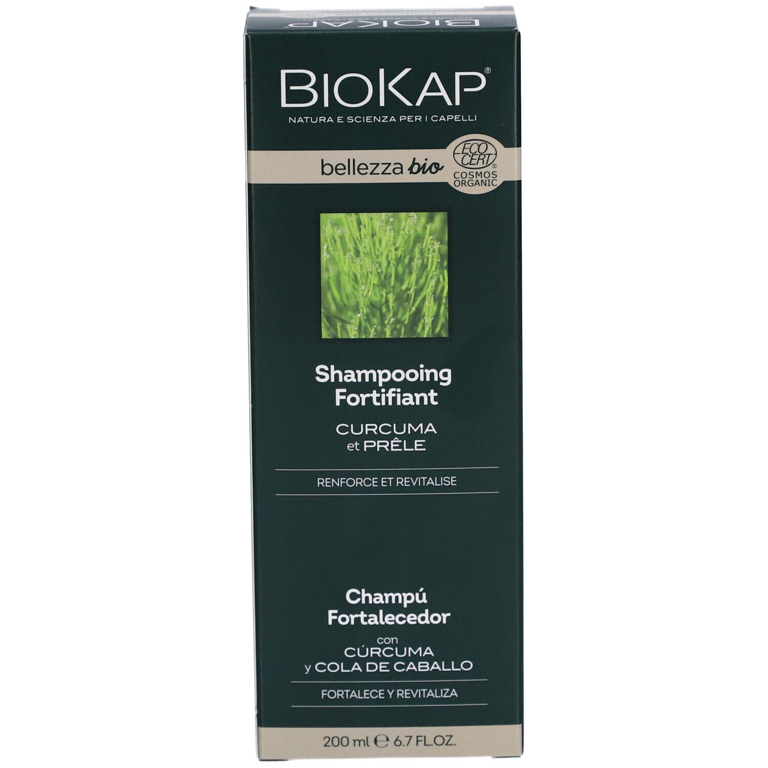 BIOKAP Shampooing Purifiant Verpackung. Grüner Karton mit Produktinformationen. Text: Shampooing Fortifiant. Weißer Hintergrund.