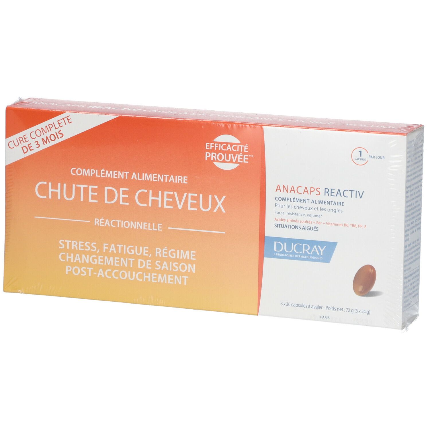 Verpackung von Nahrungsergänzungsmitteln. Text: CHUTE DE CHEVEUX, ANACAPS REACTIV, DUCRAY. Orange-weißes Design. Kapsel-Abbildung.