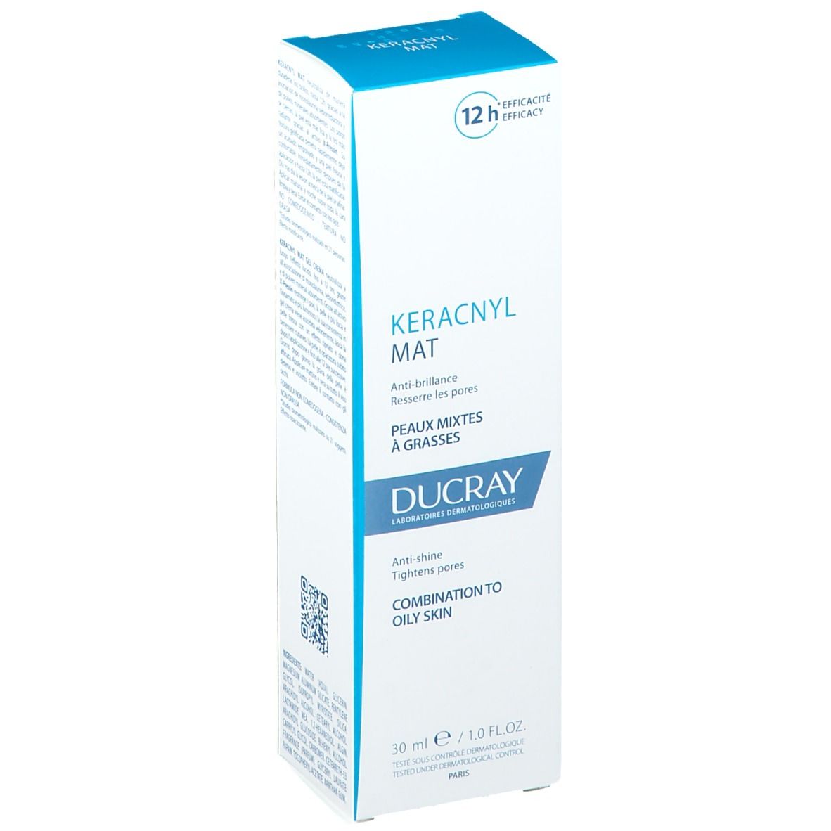 Kartonverpackung von Ducray KERACNYL MAT. Weiß mit blauen Akzenten. 30 ml. Text auf Französisch.