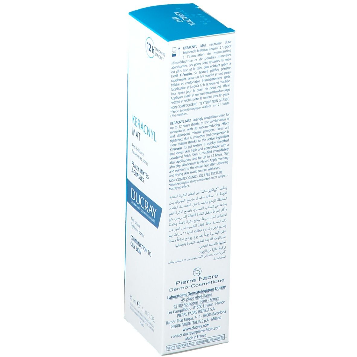 Kartonverpackung von Ducray KERACNYL MAT. Seitenansicht mit Text und QR-Code. 30 ml.