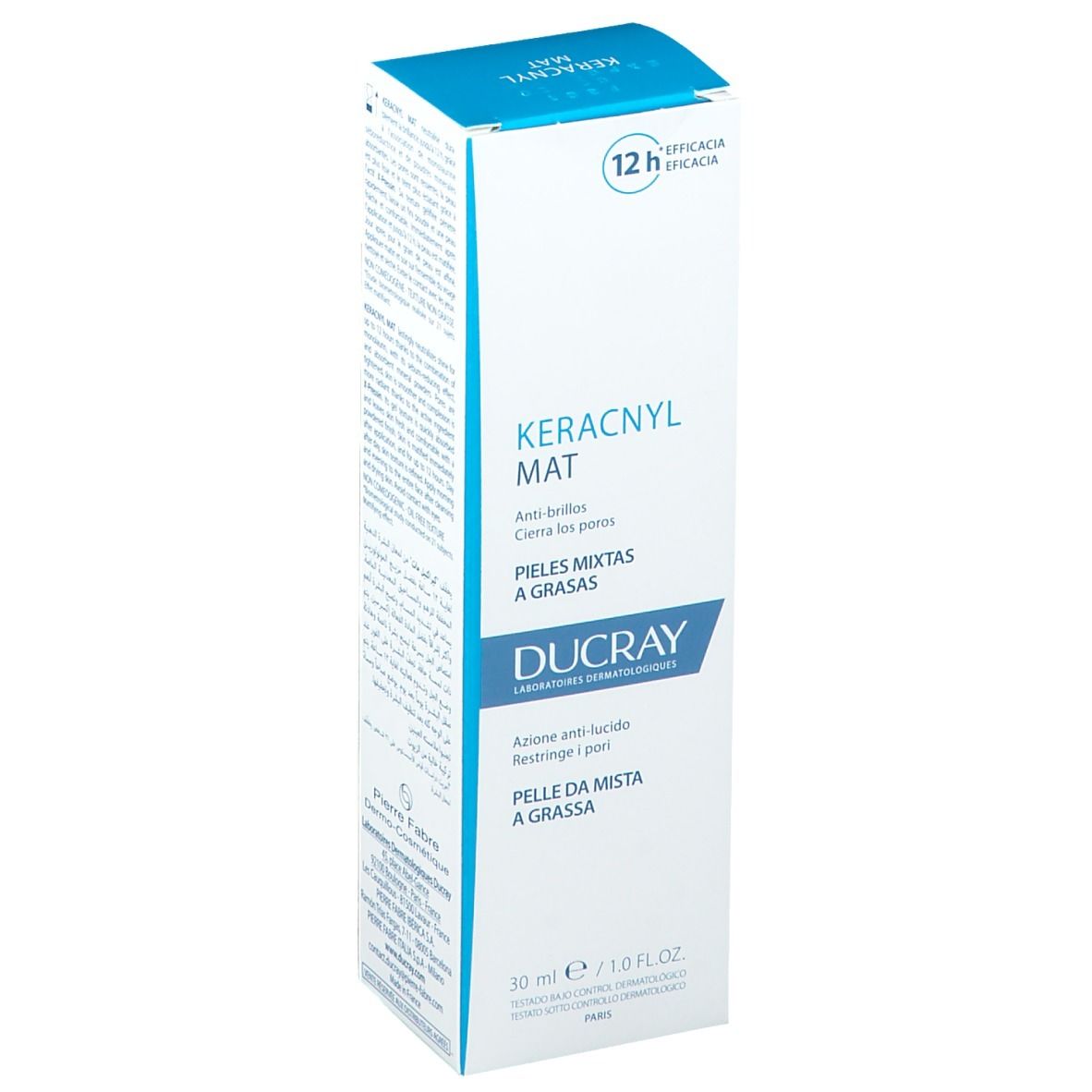 Kartonverpackung von Ducray KERACNYL MAT. Seitenansicht mit Text. 30 ml.
