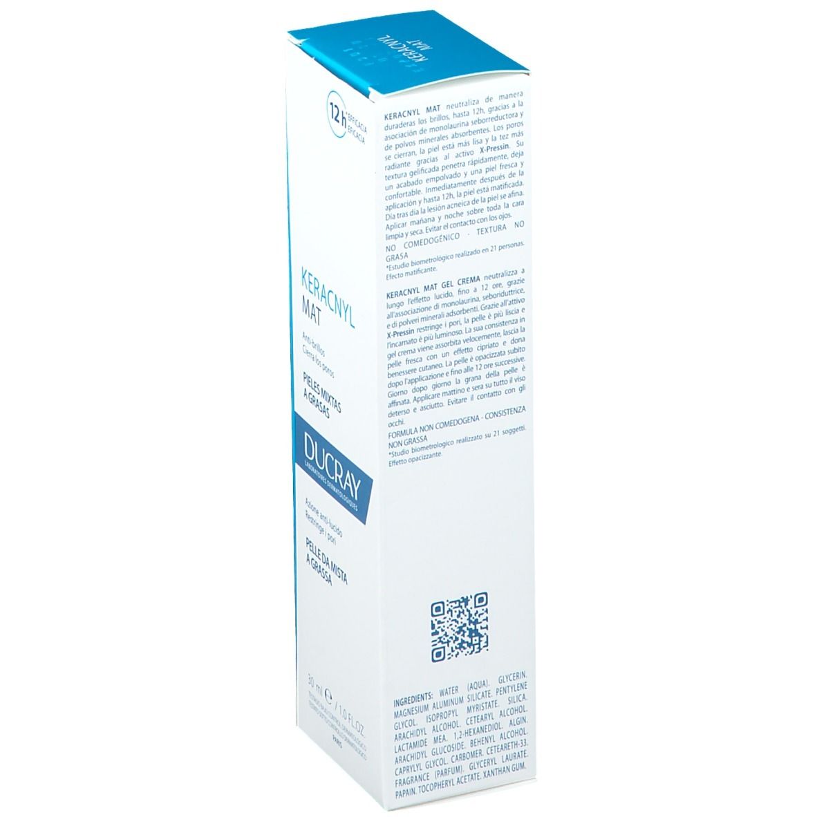 Kartonverpackung von Ducray KERACNYL MAT. Vorderansicht. 30 ml. Text auf Französisch.