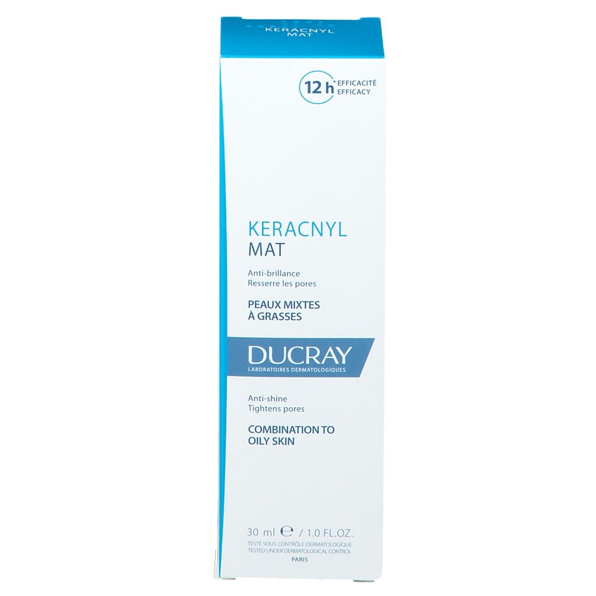 Kartonverpackung von Ducray KERACNYL MAT. Vorderansicht. 30 ml. Text auf Italienisch.