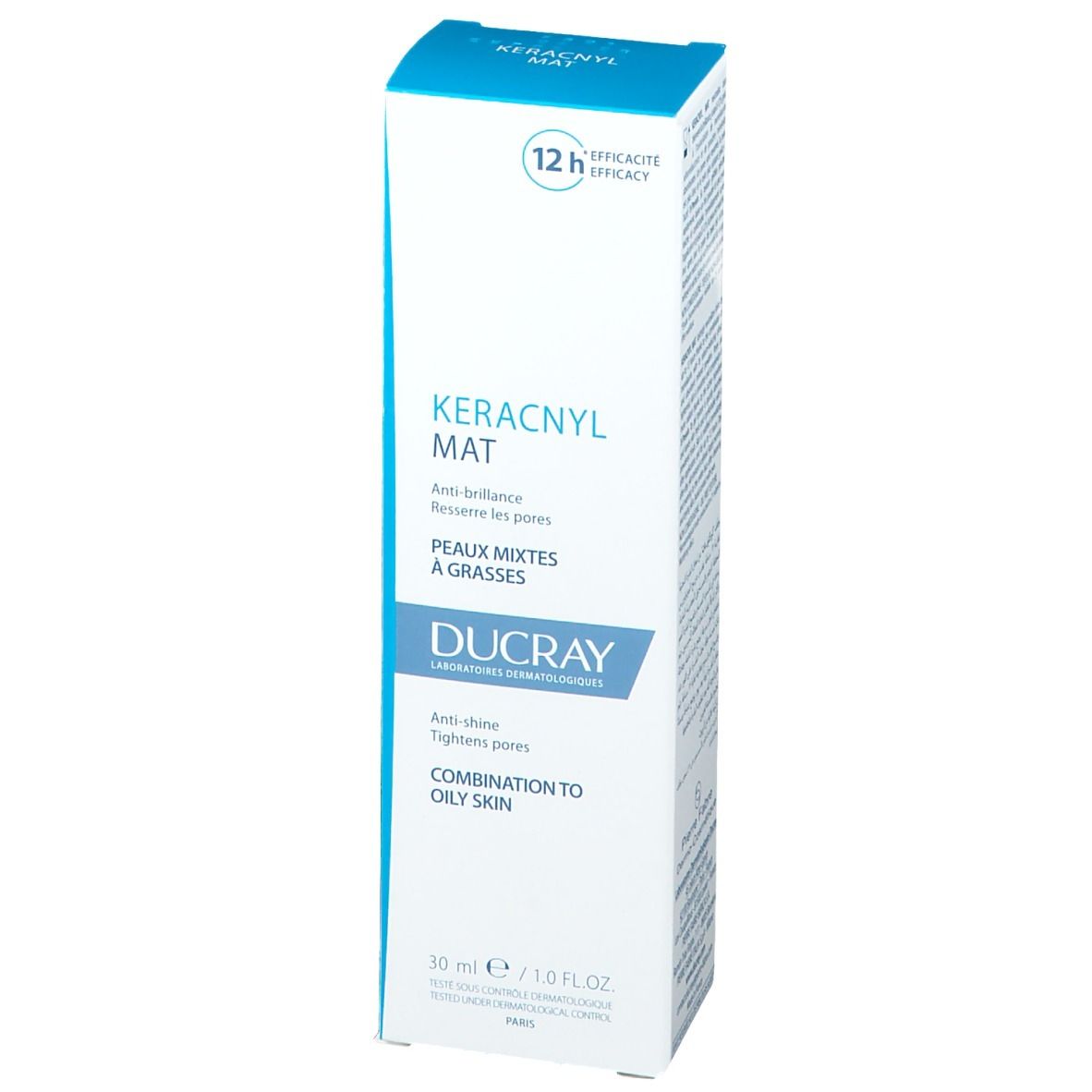 Kartonverpackung von Ducray KERACNYL MAT. Vorderansicht. 30 ml. Text auf Englisch.