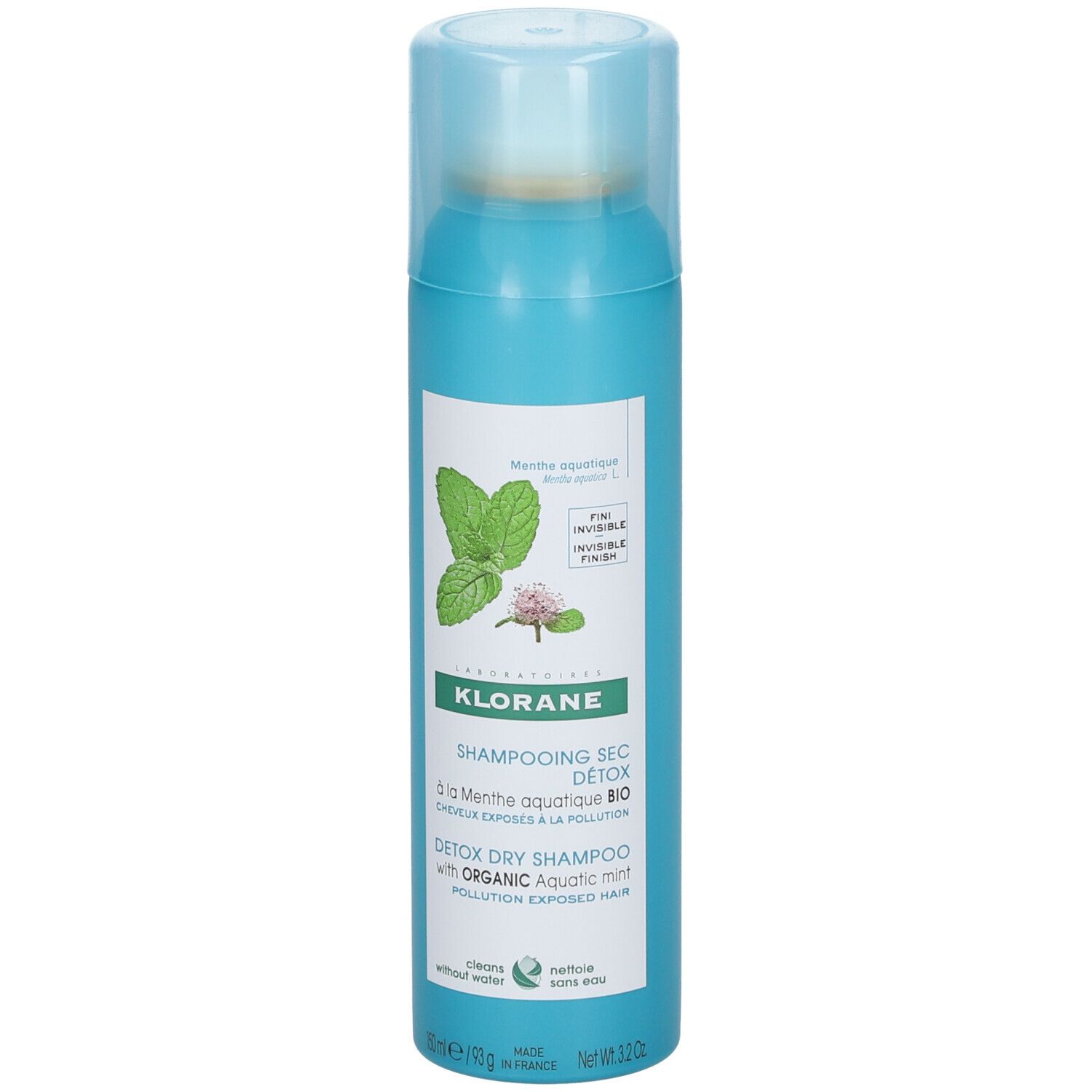 Flacon spray turquoise avec informations produit et illustration de menthe. Shampooing sec.